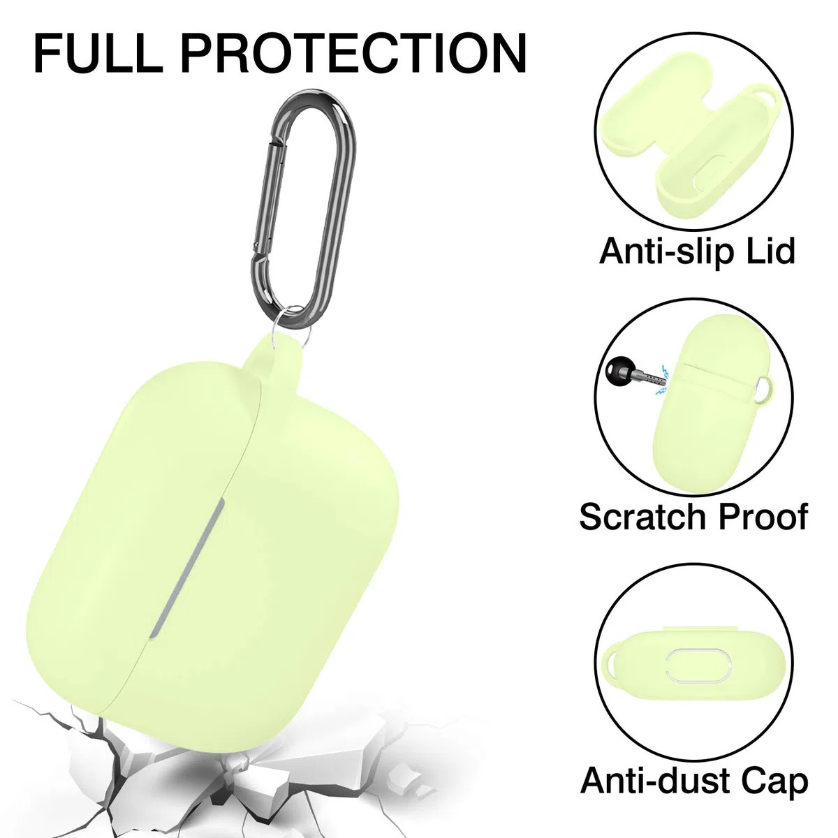 Hamile Custodia protettiva per AirPods Pro, in silicone, antiurto, per Apple Airpod Pro 2019, con portachiavi, giallo, verde, verde notte