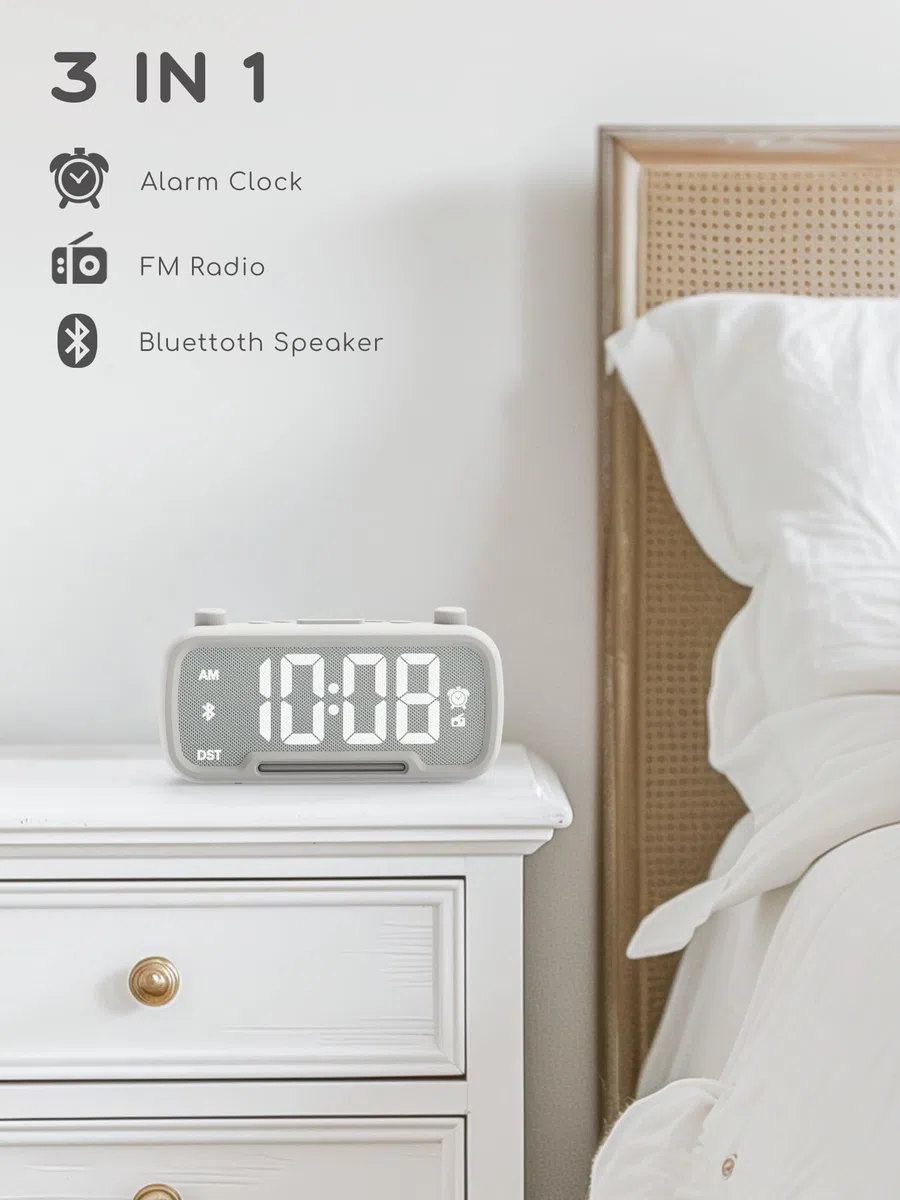 ROCAM Radiosveglia digitale camera da letto con luce notturna calda e Bluetooth, sveglia digitale con luminosità regolabile, snooze, radio FM, sleep timer, porta di ricarica USB A e tipo C