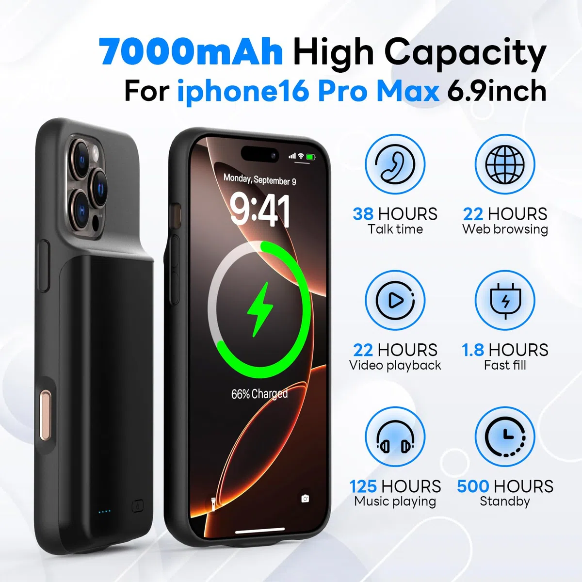 Custodia per batteria per iPhone 16 Pro Max (6,9"), 7000 mAh, ricaricabile, con protezione del carro armato, in vetro, con batteria aggiuntiva, colore nero