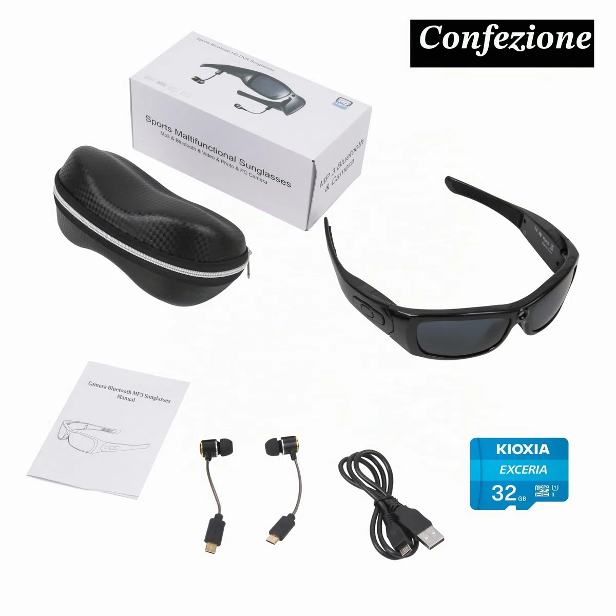 Occhiali da sole con fotocamera, occhiali da sole Bluetooth Full HD 1080p, con lenti polarizzate con protezione UV, per attività all'aperto e viaggi (inclusa scheda TF da 32 GB)