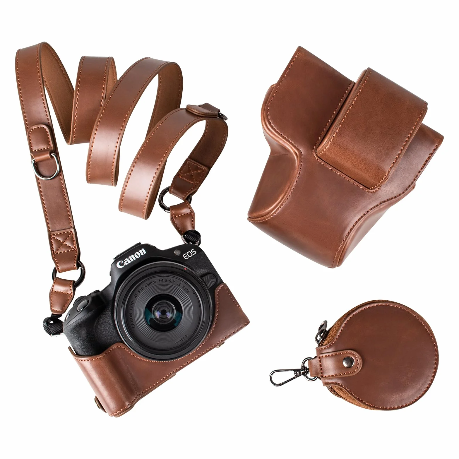 MUZIRI KINOKOO Custodia Protettivo per Canon EOS R50/R100 Fotocamera, Custodia in Pelle PU retrò per EOS R50 EOS R100 DSLR, Apertura inferiore Custodia con Tracolla e Tasca Portaoggetti - Caffè