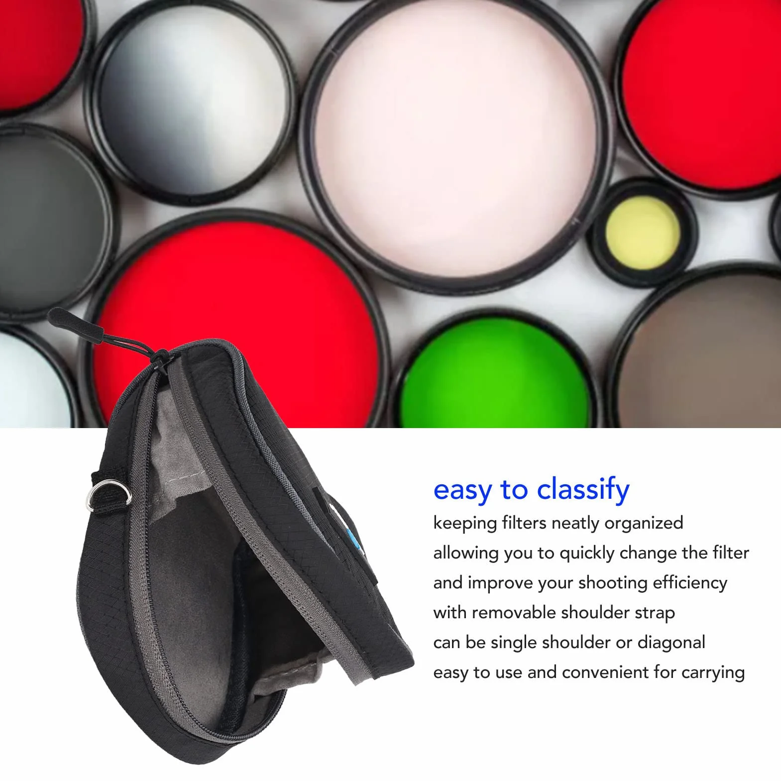 Custodia per filtro, custodia per filtro per obiettivo della fotocamera 8 slot Tasche per filtro portatili Custodia Borse antipolvere con tracolla Filtri fotografici Fino a 95 mm Fodera interna