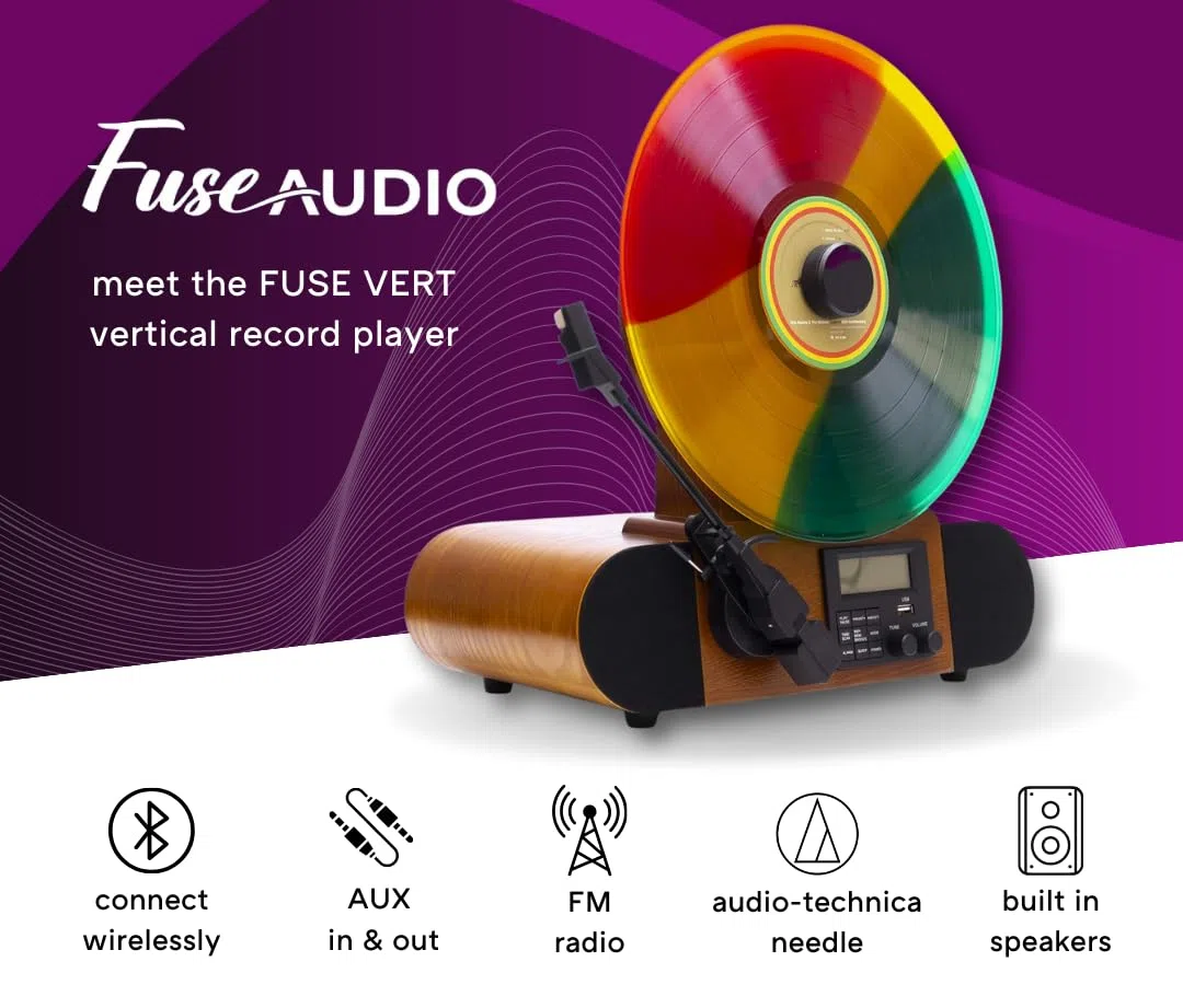 Fuse Vert AT - Giradischi verticale con cartuccia Audio-Technica, lettore in vinile moderno Mid-Century con altoparlanti integrati e Bluetooth, radio FM, giradischi audio per la casa, per dischi in