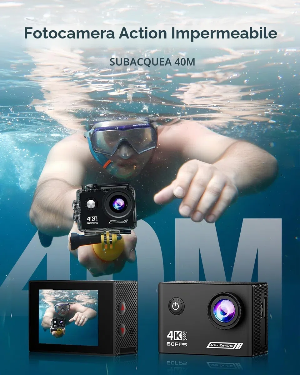 4K60FPS Action Camera 40M impermeabile subacquea con scheda SD da 64GB, stab. a 6 assi, fotocamera da moto con zoom 8x e telecomando 2,4GHz