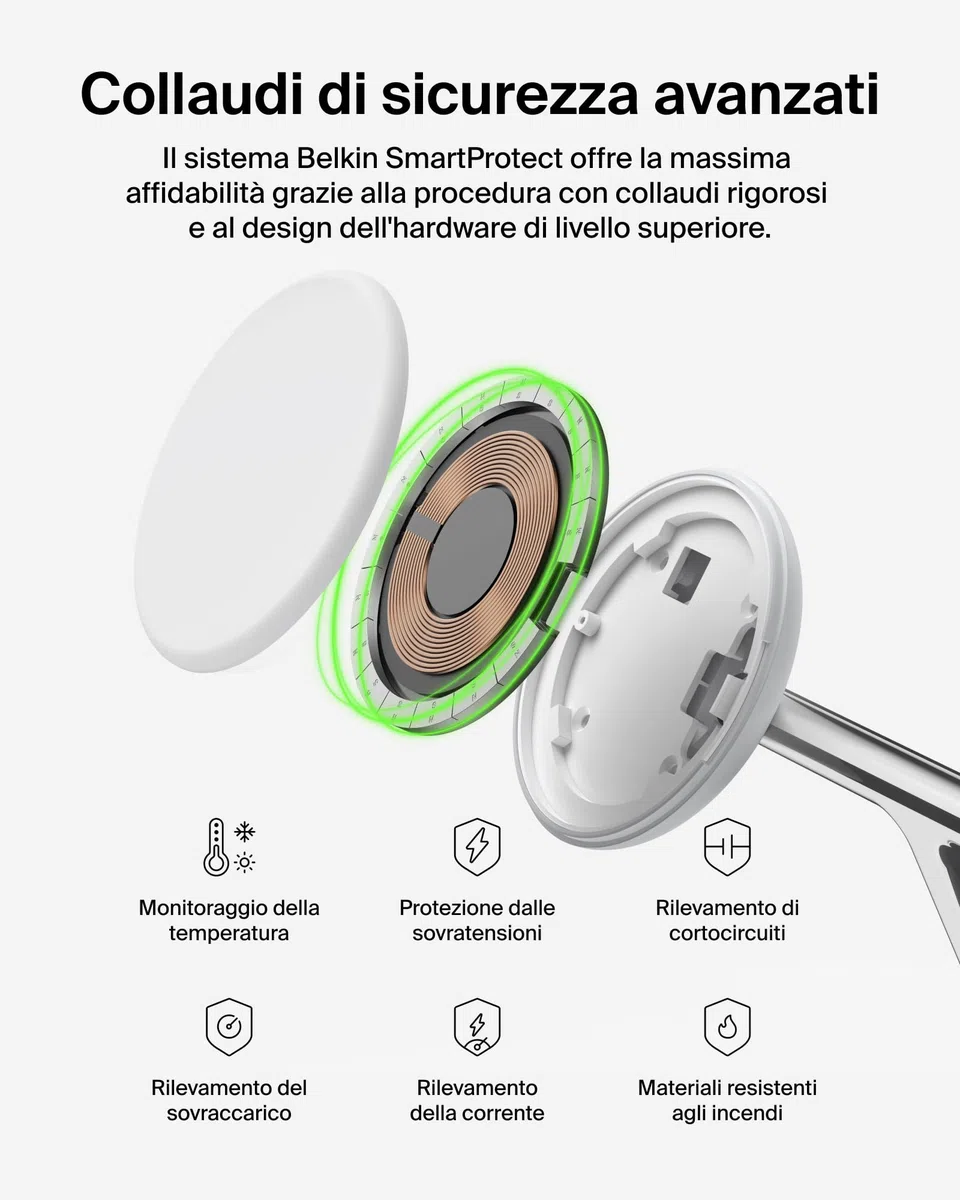Belkin UltraCharge Caricatore Wireless Qi2.2 25W 3 in 1 - Bianco | Caricatore Wireless Magnetico MagSafe, Certificato Qi2.2 per iPhone, Apple Watch, Auricolari, Cavo USB-C e Alimentatore 45W