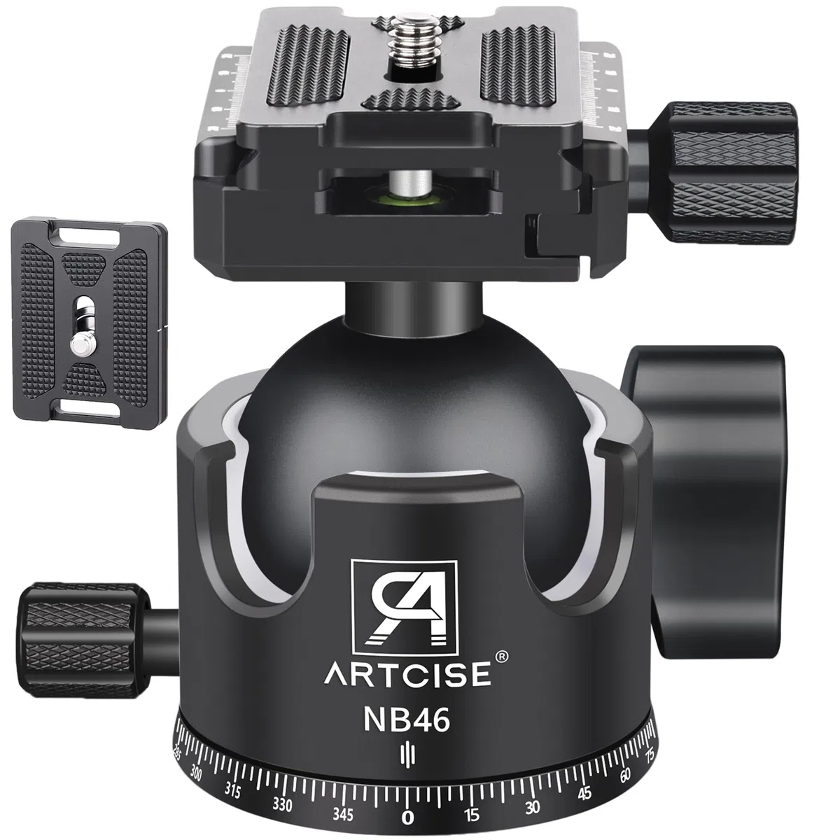 ARTCISE NB46 - Testa a sfera a basso profilo, 46 mm, resistente, con lavorazione CNC, con tre piastre a sgancio rapido da 1/4", per treppiedi, monopiede, DSLR, videocamera, carico massimo 25 kg