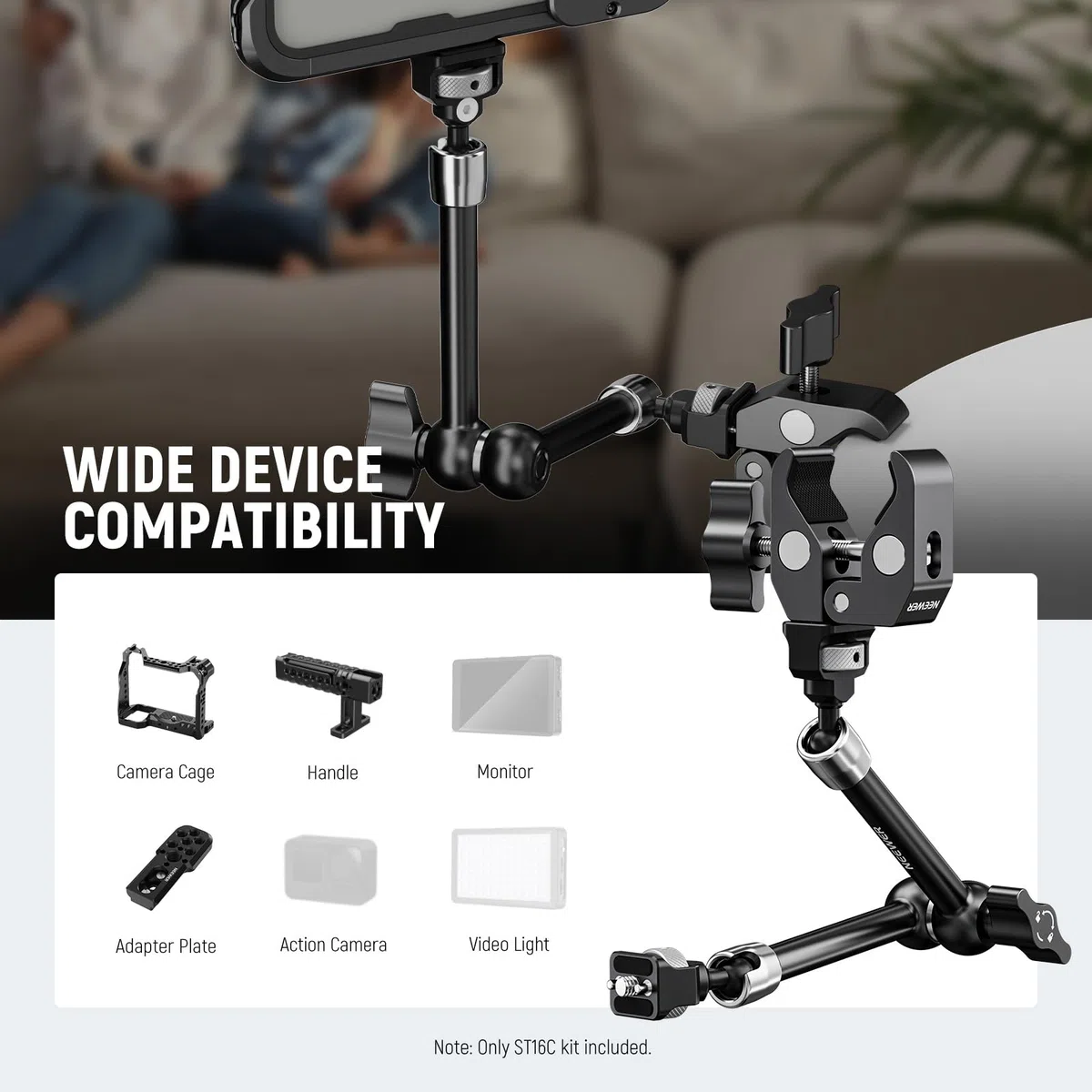 NEEWER Braccio Magico Articolato 11" e Super Clamp, Supporto per Monitor Fotocamera con Fori/Perni di Posizionamento ARRI 1/4" 3/8" per DSLR Action Cam Luce Video, Compatibile con SmallRig Cage,ST16C