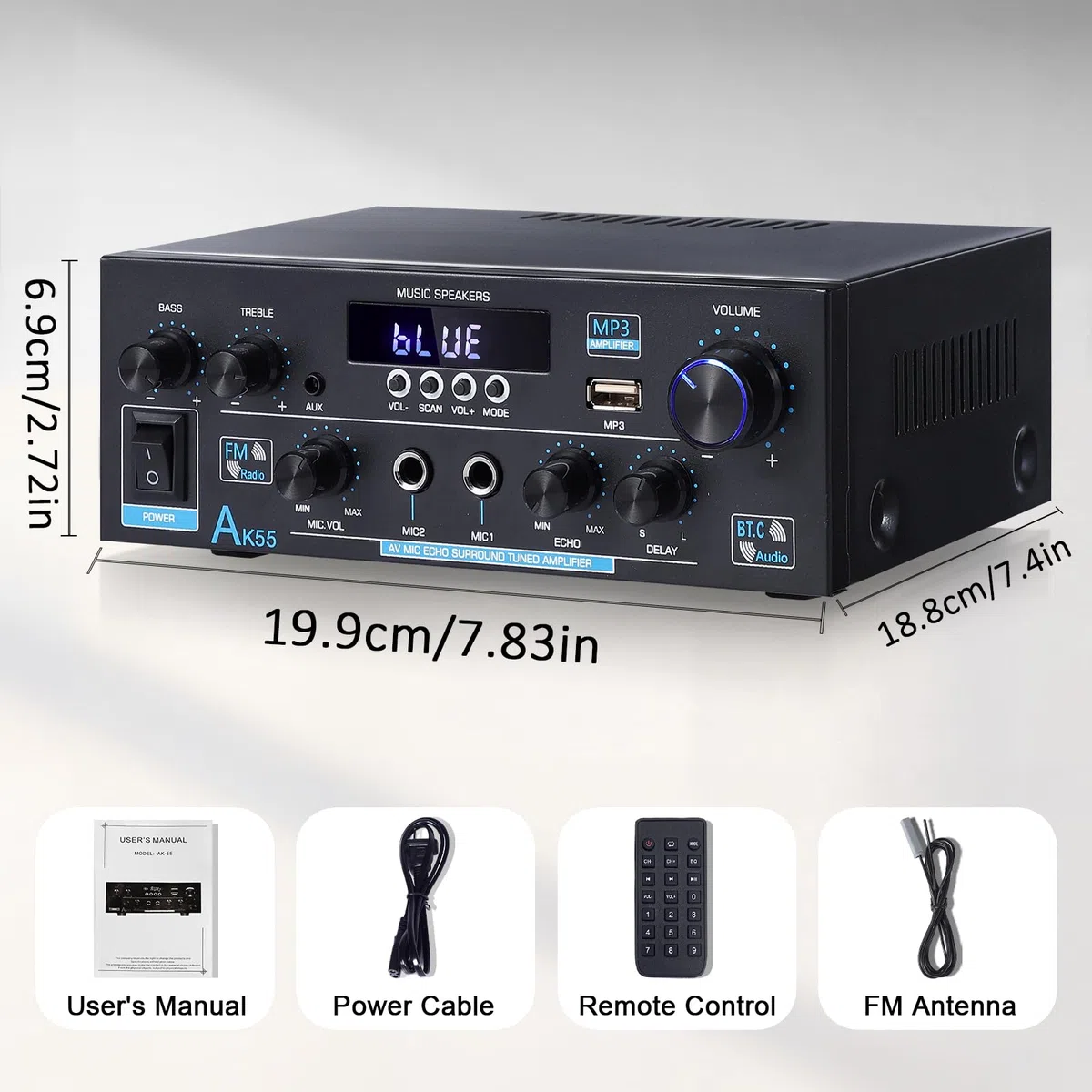 Woopker AK55 Amplificatore Audio Bluetooth 5.0, Amplificatore HiFi Stereo, 70wx2 potenza nominale 2.0 CH Mini Amplificatore Ricevitore Stereo Amp per auto Home Theater, W/2 Mic/SD/RCA/USB/FM Radio