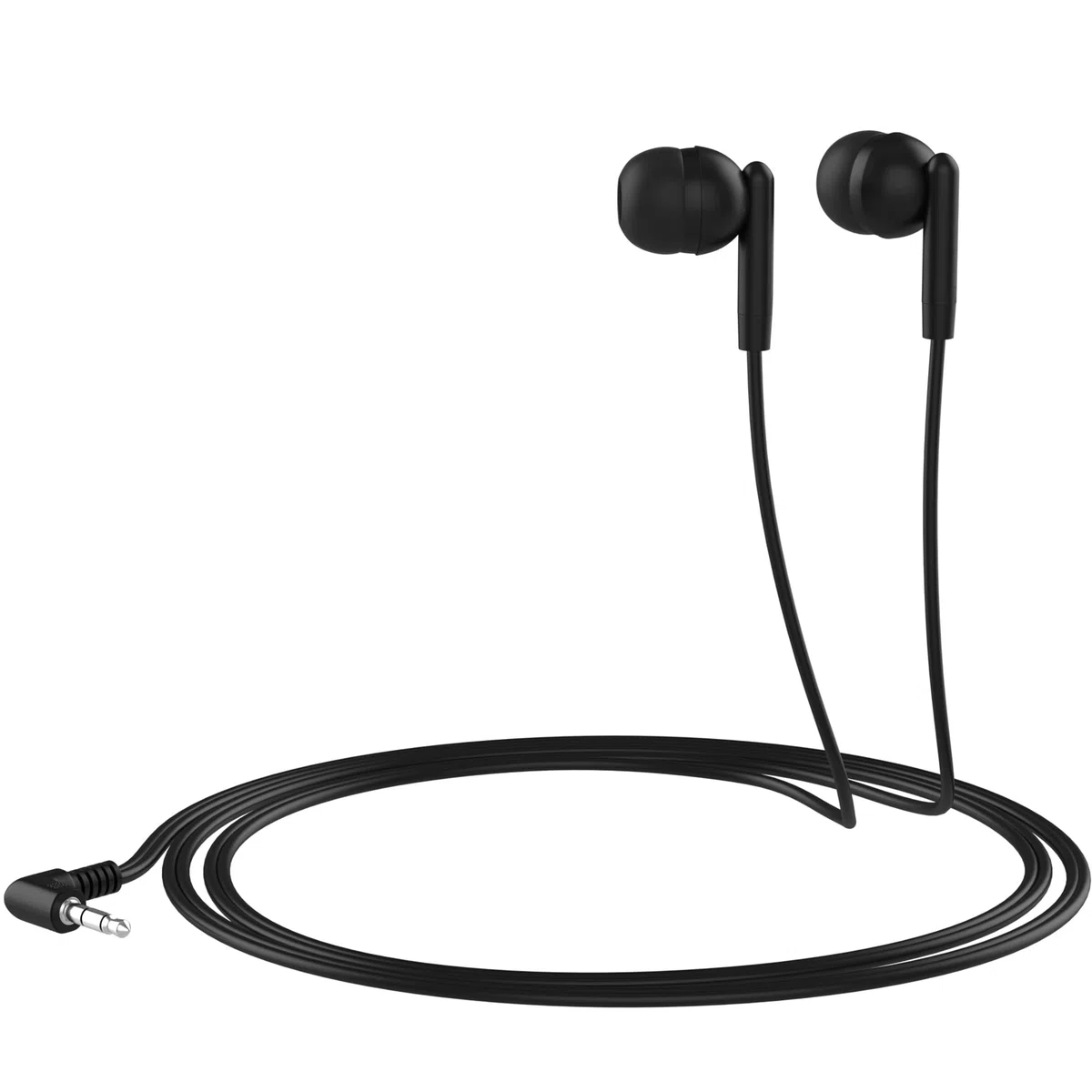 Maeline Confezione da 100 auricolari in-ear, con cavo da 3,5 mm, per smartphone, tablet, computer, perfetti per bambini, adolescenti, adulti, per aule, biblioteche, hotel, aerei, viaggi, colore nero
