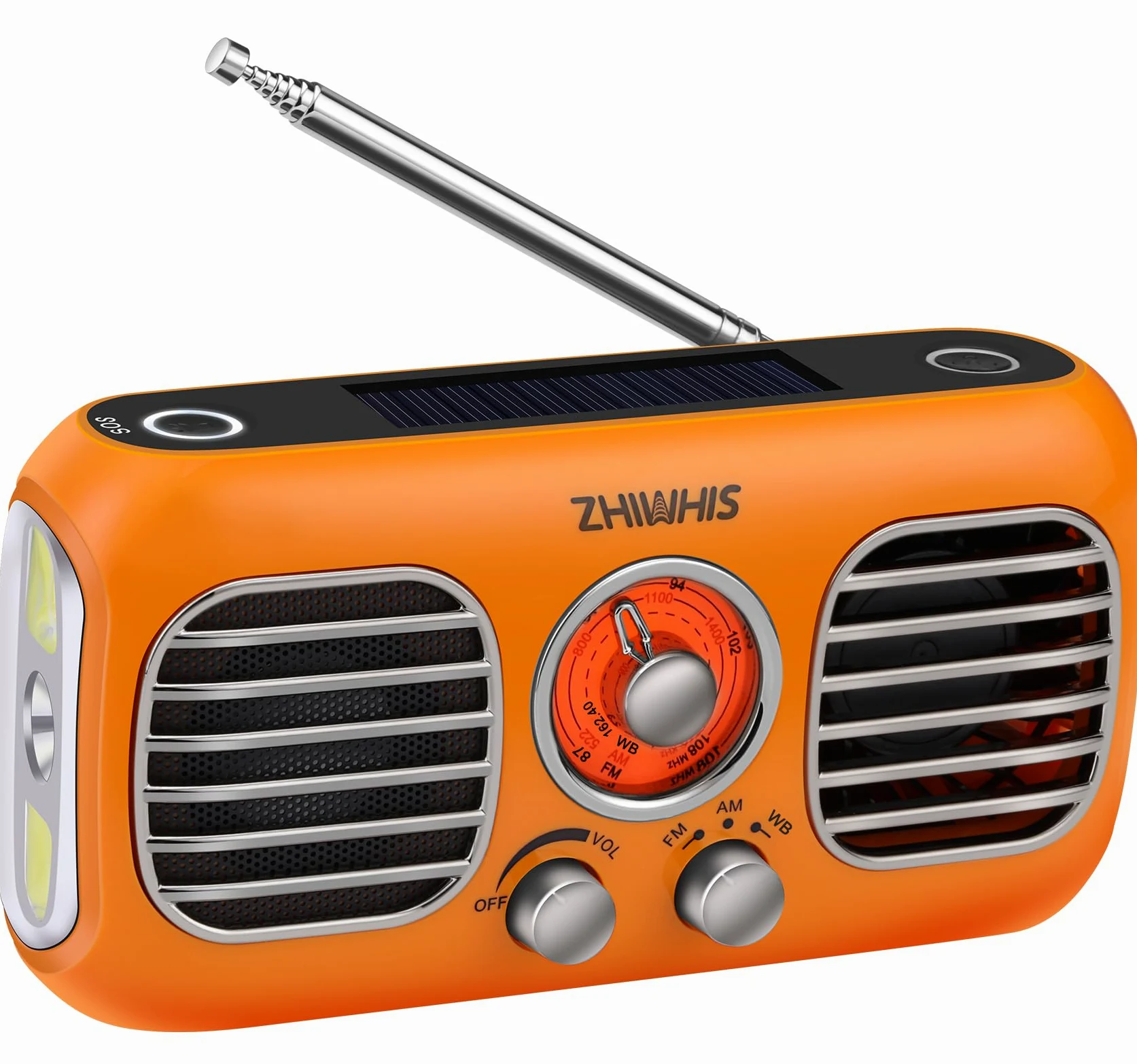 ZHIWHIS ZWS-380 - Radio di emergenza con ventilatore portatile, radio meteorologiche AM/FM/WB con sirena SOS, manovella, pannello solare, 4000 mAh, power bank, manopola rotante, ricevitore retrò
