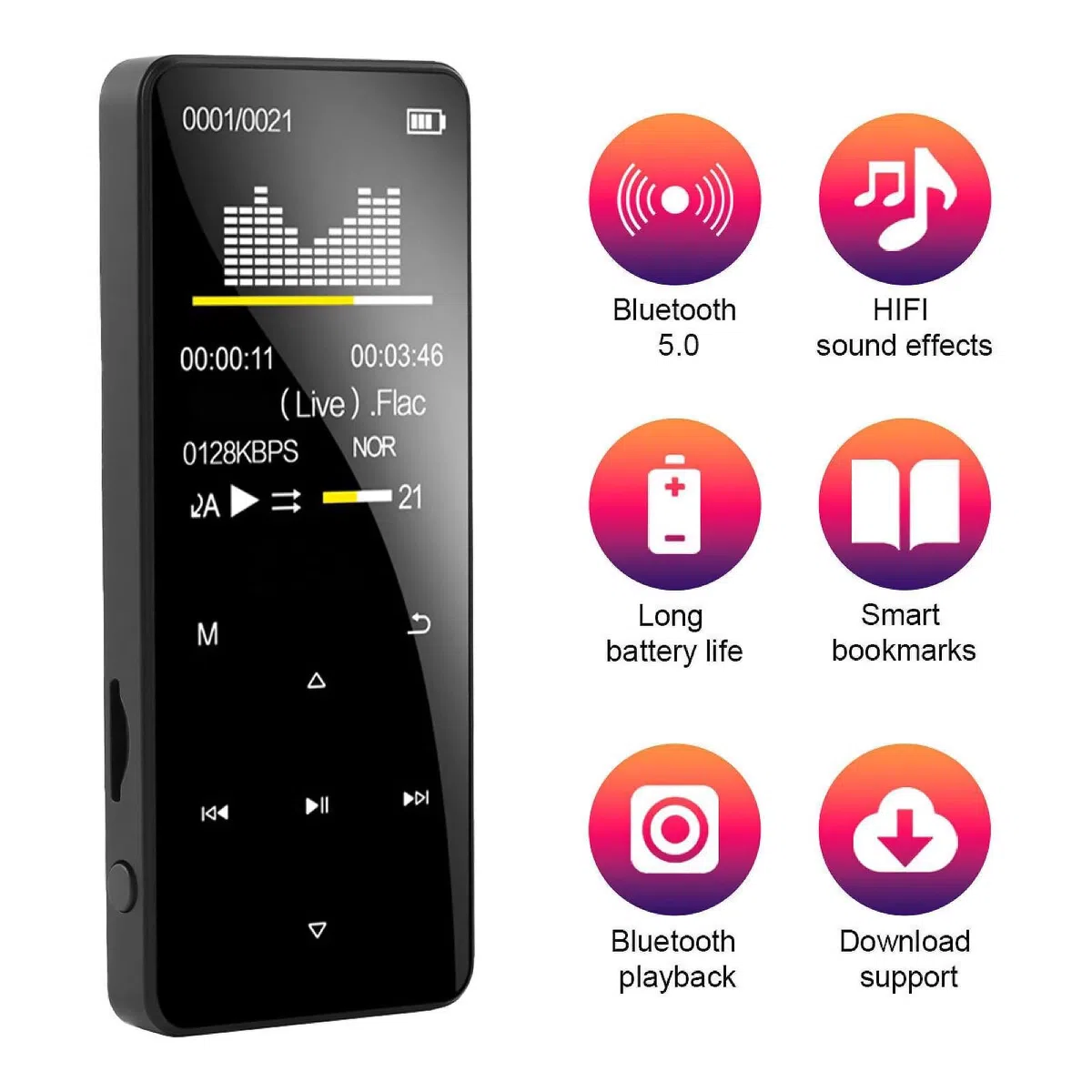 Lettore musicale Bluetooth MP4/MP3 con radio FM per sport in esecuzione con schermo a colori ad alta definizione da 1,8 pollici