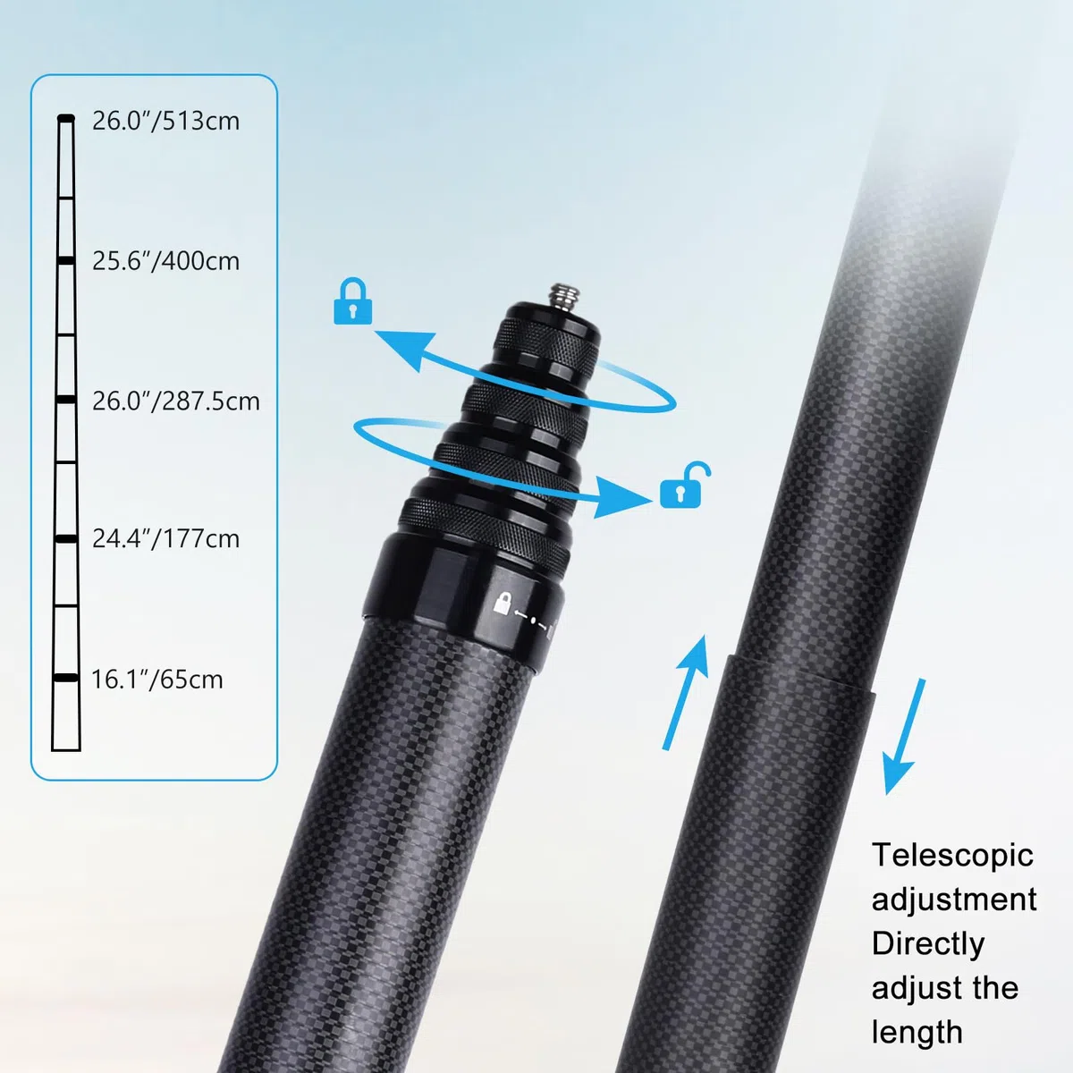 ARTCISE Bastone per selfie lungo in fibra di carbonio, 500 cm, asta di estensione per selfie monopiede per GoPro Hero per DJI Osmo Action per Osmo Pocket per Insta360 per fotocamera