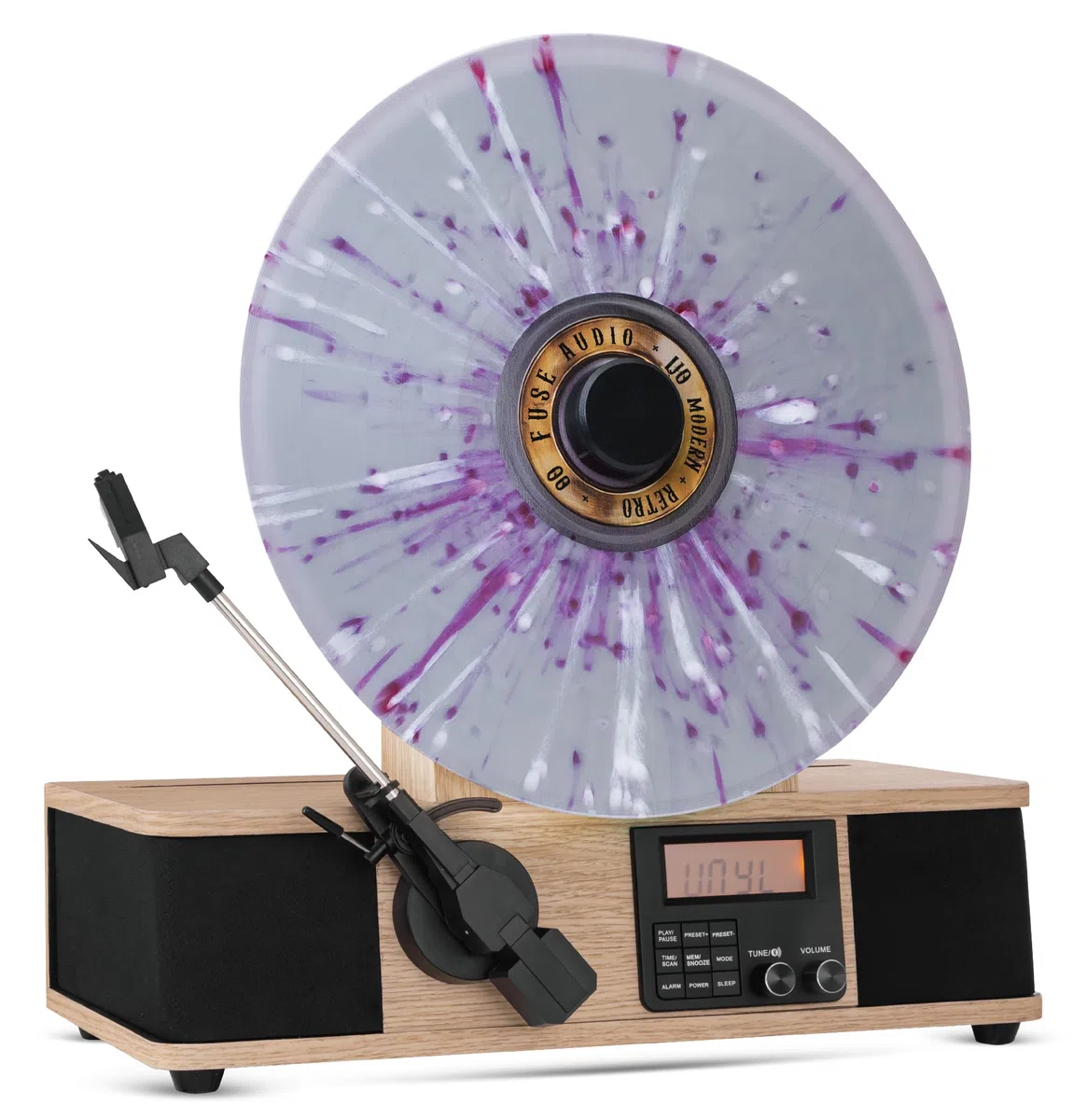 Fuse Giradischi verticale avvolgente con supporto Bult In, lettore in vinile moderno Mid-Century con altoparlanti integrati e Bluetooth, radio FM, giradischi audio domestico per dischi in vinile da 12
