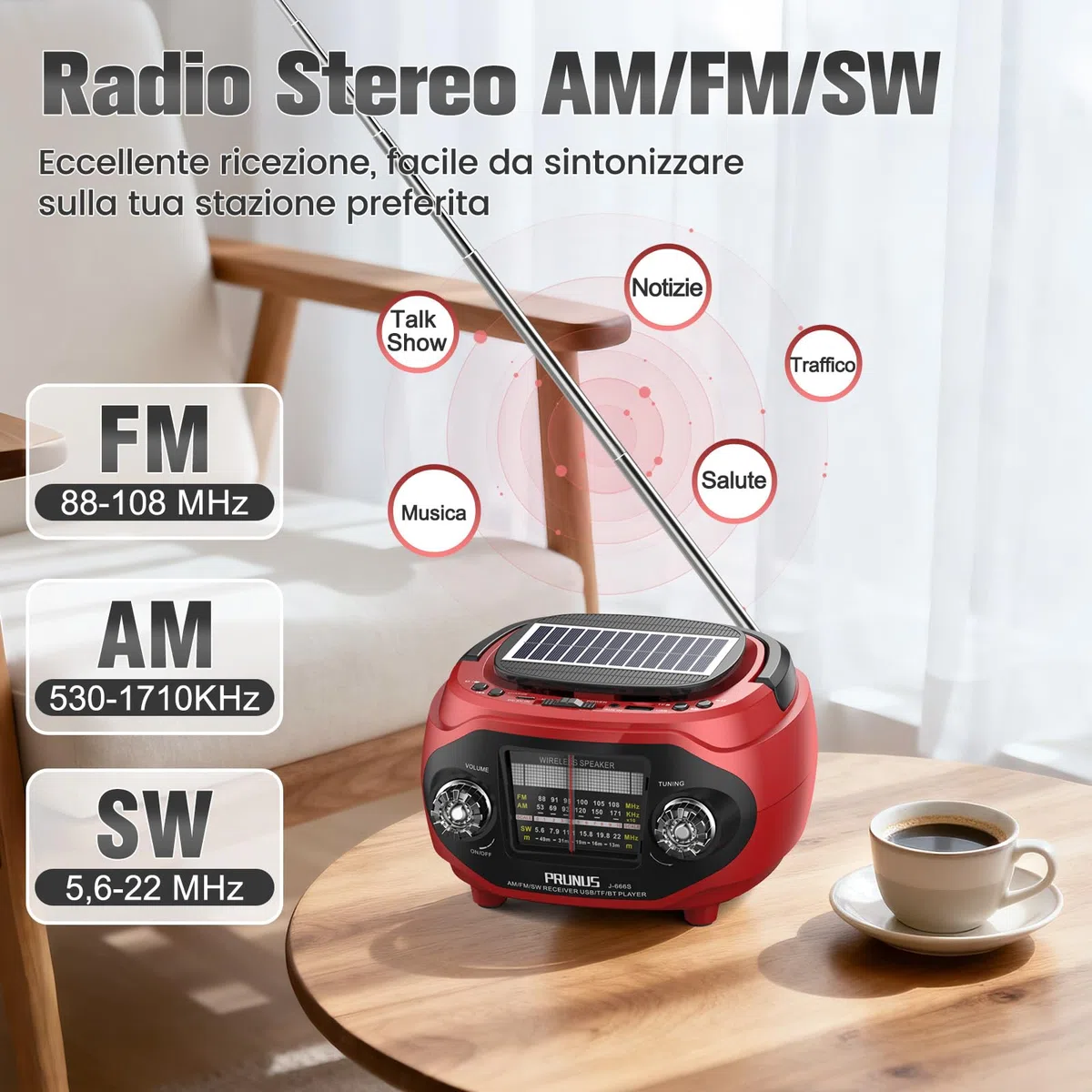 PRUNUS J-666S Radio Portatile Solare AM FM SW e Altoparlante Vintage Bluetooth 6.0 15W, Stereo e Bassi Ricchi, Ricaricabile via USB C, Supporta TF/USB/AUX, Ideale per Casa e Regalo (Rosso)