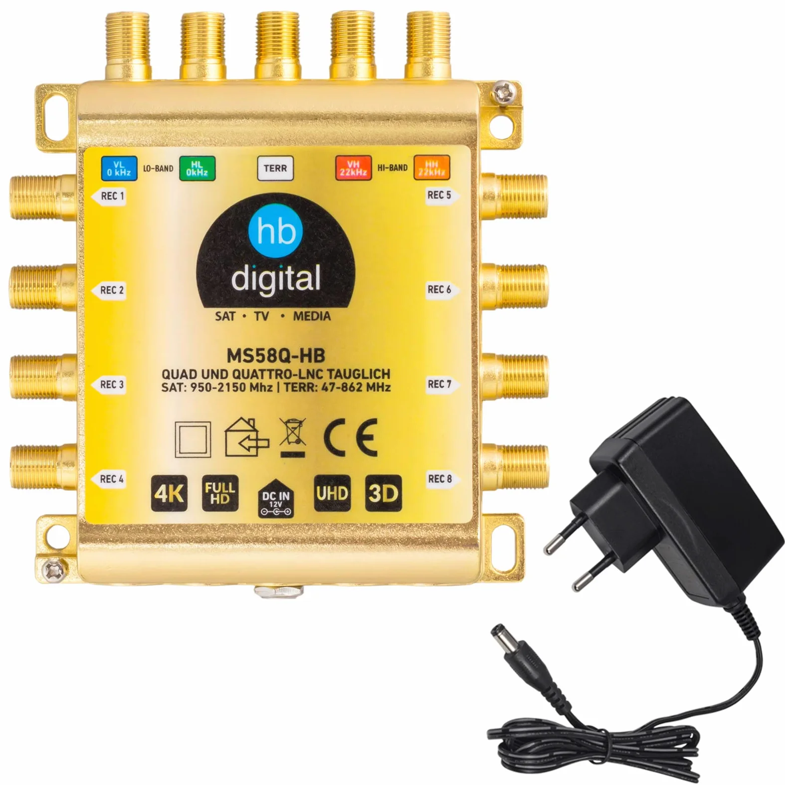 HB-DIGITAL DVB-S/S2 Multiswitch 5/8 | Distributore multiswitch per 1 SATA a 8 partecipanti | Adatto per Quattro LNB | Alimentazione esterna inclusa | MS58Q-HB | HDTV FullHD 1080p 4K UHD