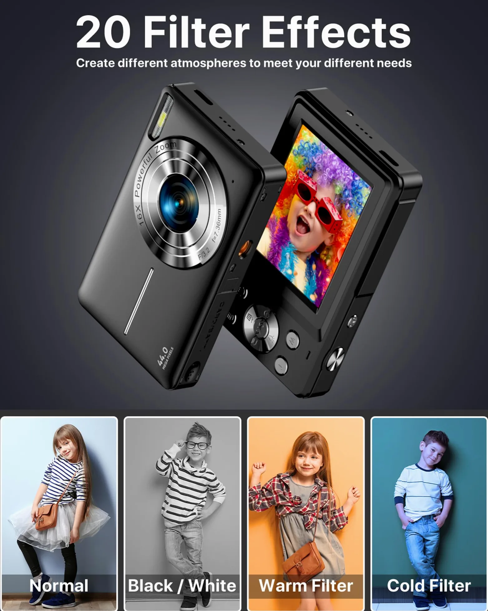 Macchina Fotocamera Digitale 1080P Fotocamera 44MP Fotocamera Digitale Compatta con Zoom Digitale 16X, Schermo LCD da 2,4", Scheda di Memoria da 32G, 1 Batteria per Bambini, Adolescenti, Principianti