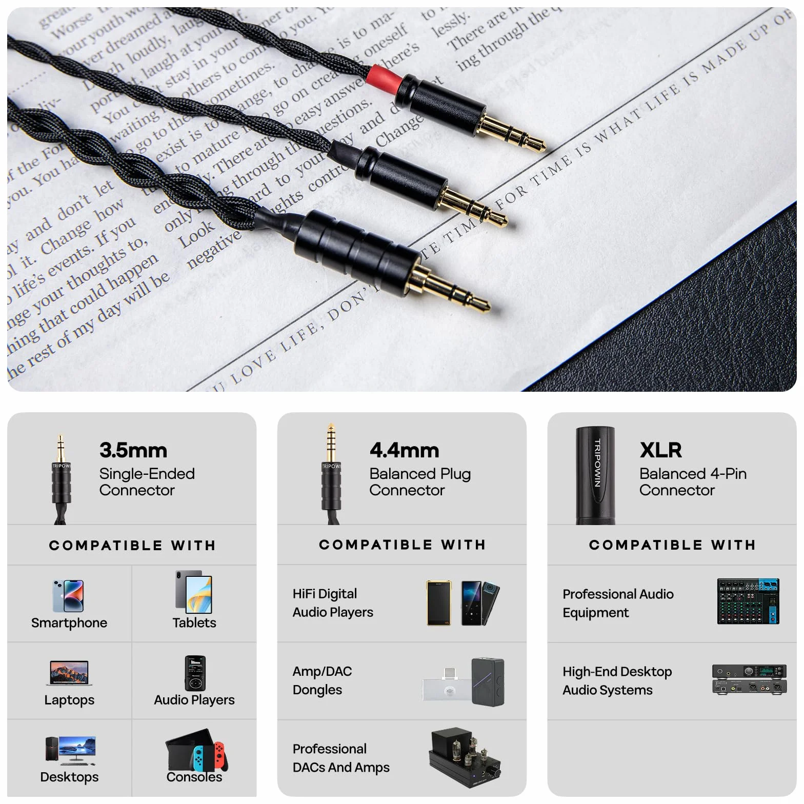 Linsoul Tripowin Nova Cavo per Cuffie IEM, per Cuffia Over-Ear, Cavi Ibrido Argento/OCC a 4 fili, 2M, Doppia Spina da 3.5mm a 3.5/4.4mm/XLR, per Musicisti e Audiofili (4.4mm, Nero)