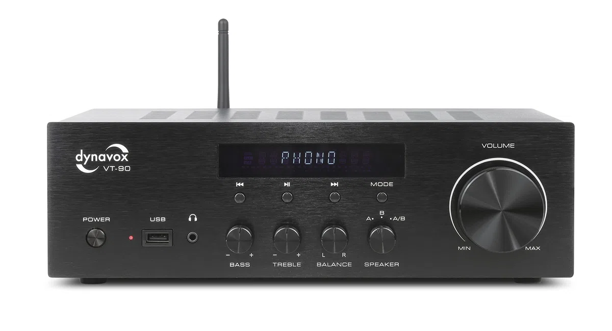 Dynavox VT-90 amplificatore stereo compatto, terminali di connessione a vite per 4 altoparlanti, telecomando, ingresso phono, trasmissione BT, nero