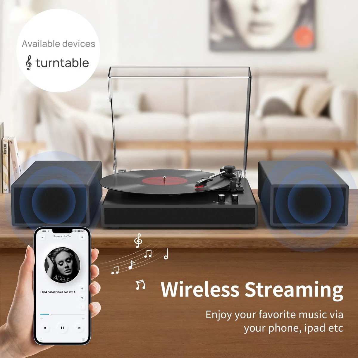 Giradischi vintage con doppio altoparlante stereo esterno, supporto per la riproduzione wireless Bluetooth, supporto per la riproduzione a 3 velocità, 33 1/3, 45, 78 giri/min, per vinile con uscita