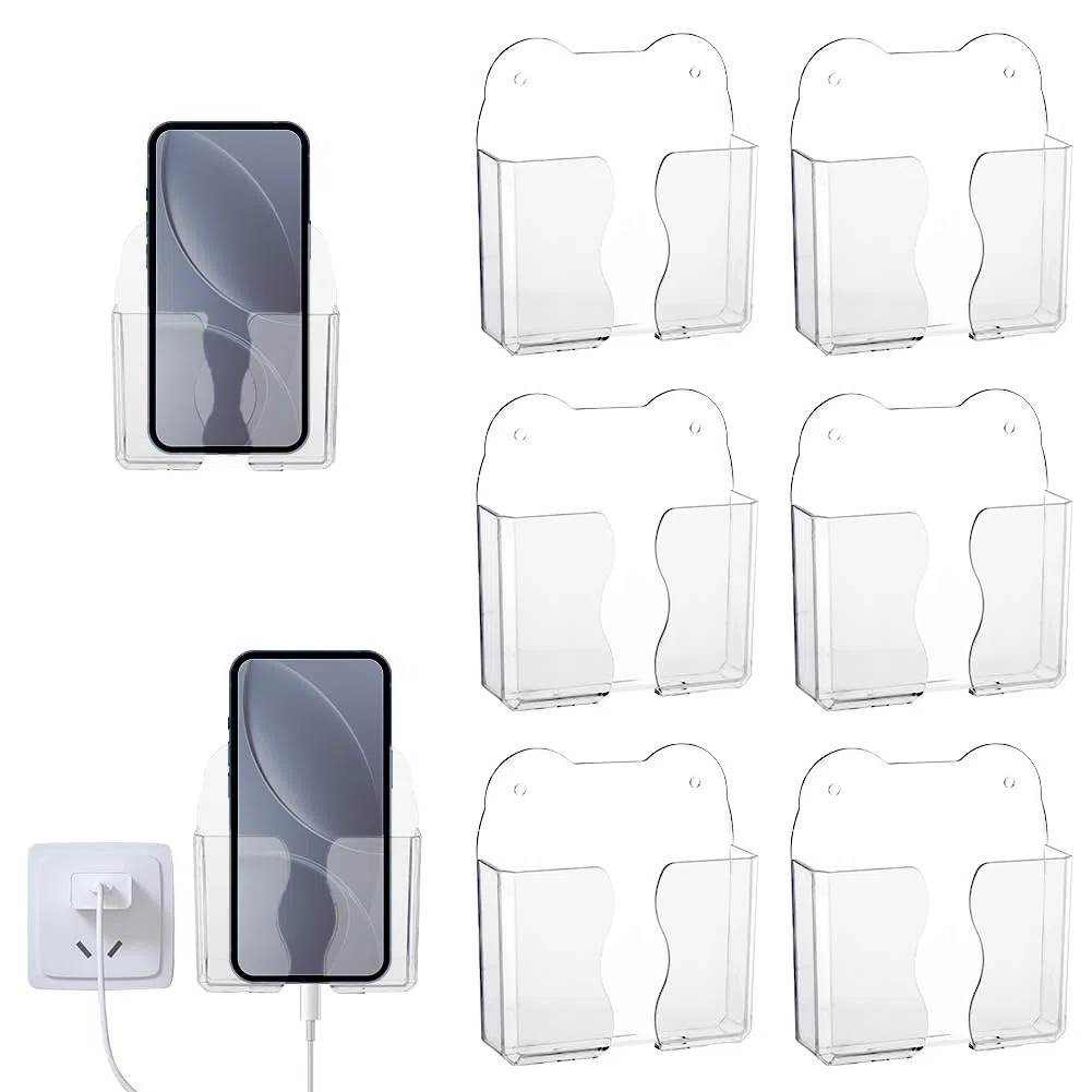 AHANDMAKER 6 pz Supporto per telefono da parete adesivo trasparente con foro di ricarica Supporto per mensola in PET Supporto universale da comodino organizer da cucina per doccia per casa ufficio RV