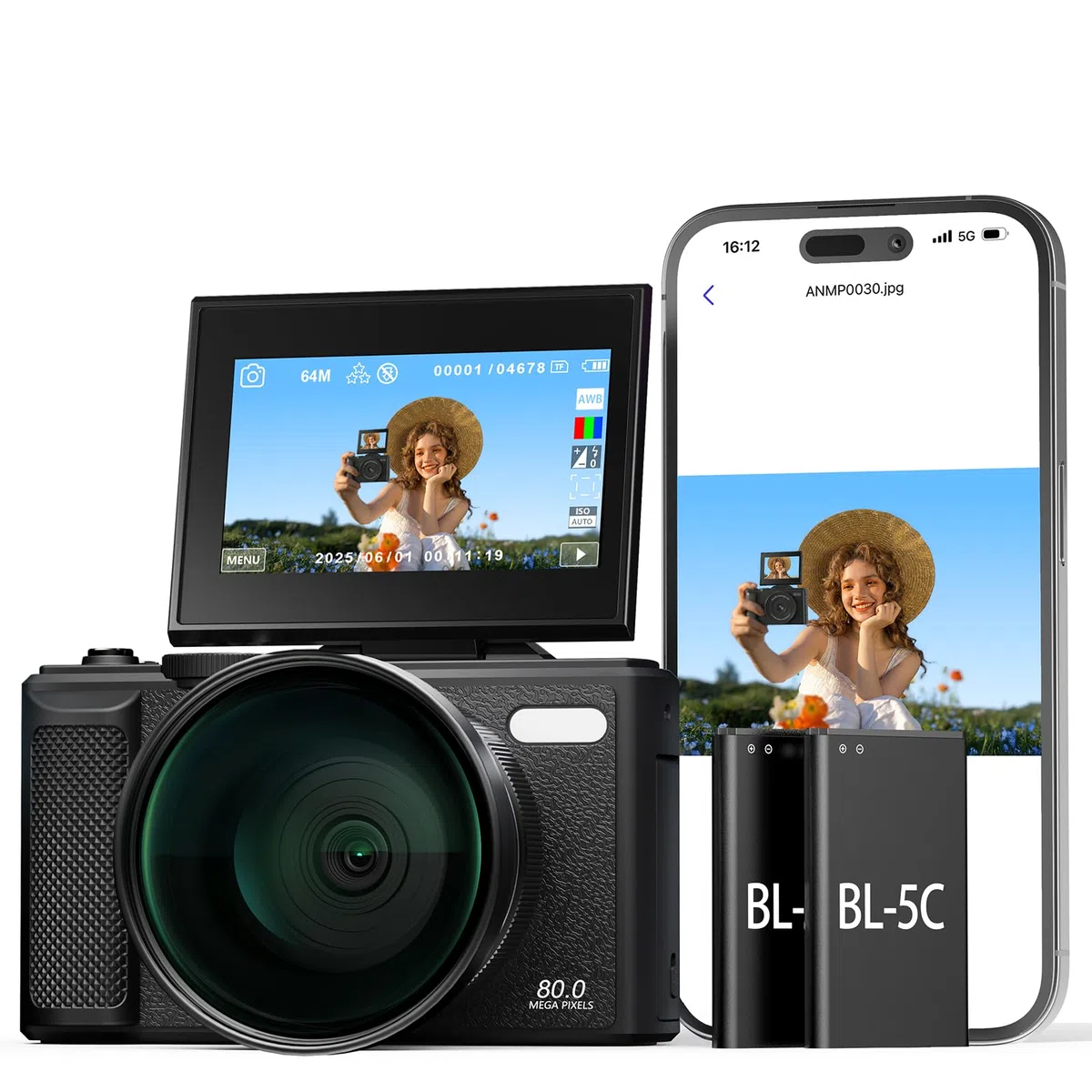 Fotocamera digitale 5K WiFi e fotocamera fotografica 80 MP, fotocamera vlogging per YouTube con messa a fuoco automatica, schermo pieghevole da 3" a 180°, zoom digitale 18x, fotocamera da viaggio per