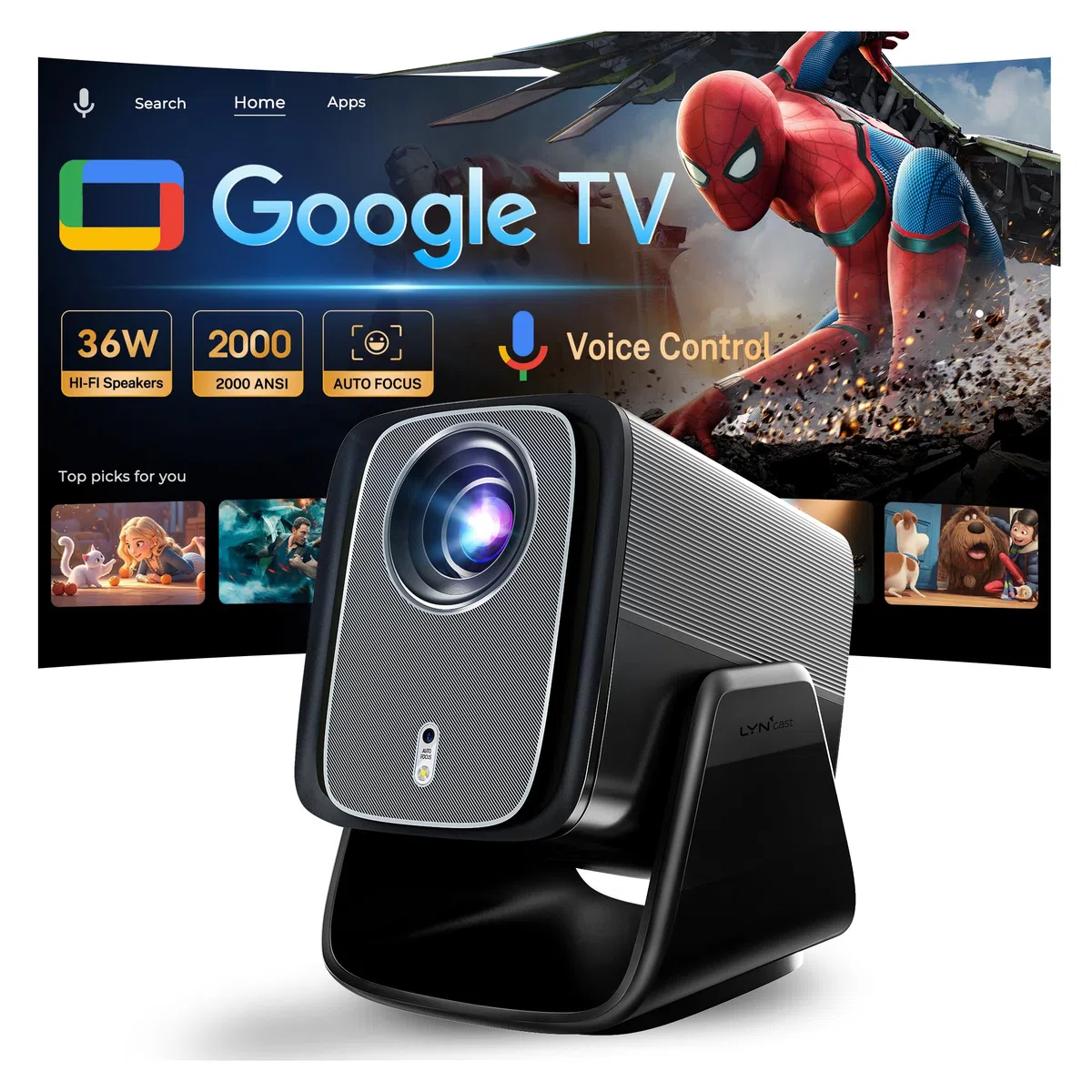 Proiettore Smart GTV 4K Support 2000 ANSI 1080P Nativo Autofocus AI HDR10 | Proiettore Portatile con Controllo Vocale, Messa a Fuoco Automatica IA, Dolby Audio 36W, Wi-Fi e Bluetooth