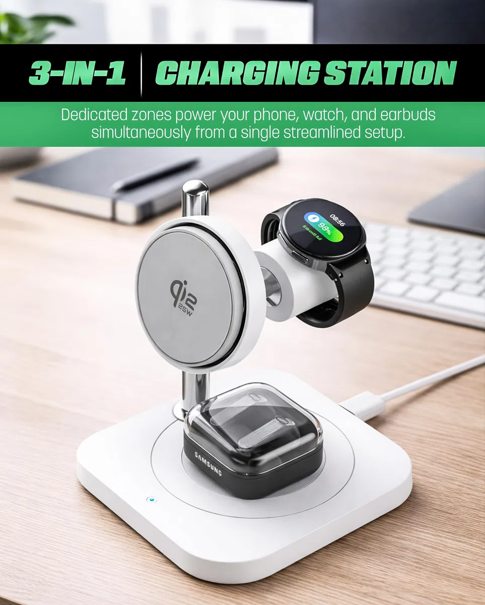 Stazione di ricarica wireless 3 in 1 certificata Qi2.2 (25 W) per Samsung, supporto magnetico per smartphone, Galaxy Watch e auricolari, compatibile con MagSafe, raffreddamento attivo, adattatore da