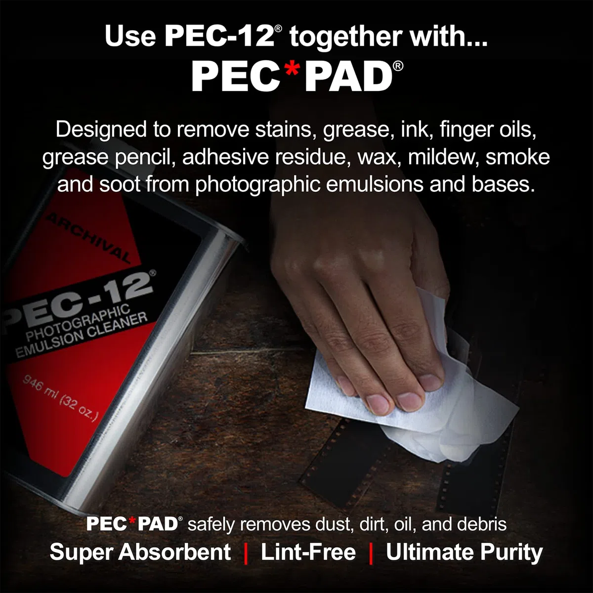 PEC-12 Photographic Emulsion Cleaner Kit and PEC-PAD Lint Free Non-Abrasive Wipes 4"x4" 100 Sheets per/Pkg - For Cleaning Film, Photo Negative, B&W Slide - Dropper Tip (59ml) 2oz