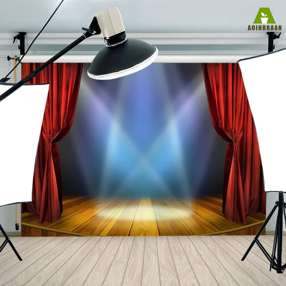 Aoihrraan 3x2,5m Teatro Palco Fondale Rosso Tende Rustico Legno Piano Faretti Fotografia Sfondo Talento Performance Spettacolo Premio Cerimonia Festival Celebrazione Banner Foto Studio Prop