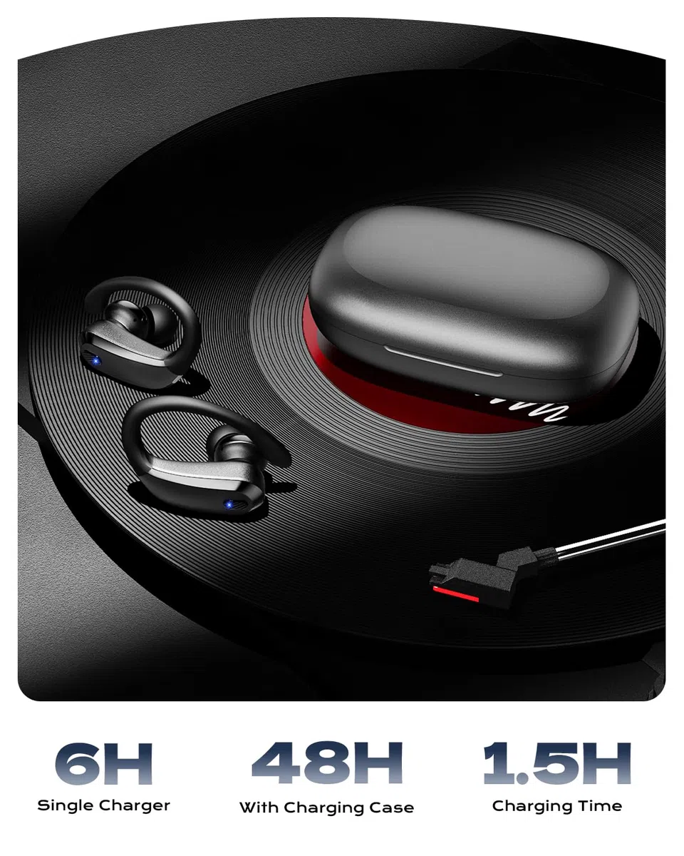 Auricolari wireless Bluetooth 5.3 sportivi con ganci, auricolari impermeabili IPX7, auricolari 48 ore di riproduzione, leggeri 7,8 g, microfono con cancellazione del rumore, cuffie Bluetooth per corsa