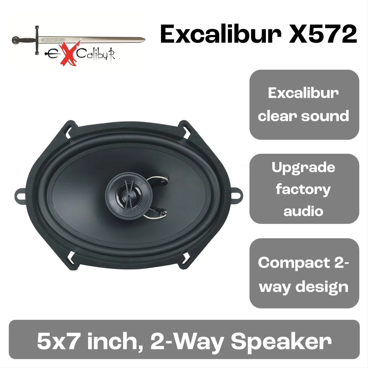 Excalibur X572 Coppia Altoparlanti Auto 2 Vie Coassiali 5x7 Pollici 450W Picco 80W RMS Frequenza 105Hz-20kHz Sensibilità 87dB Impedenza 4Ohm Kit Casse Ovali per Upgrade Sistema Audio Custom Veicoli