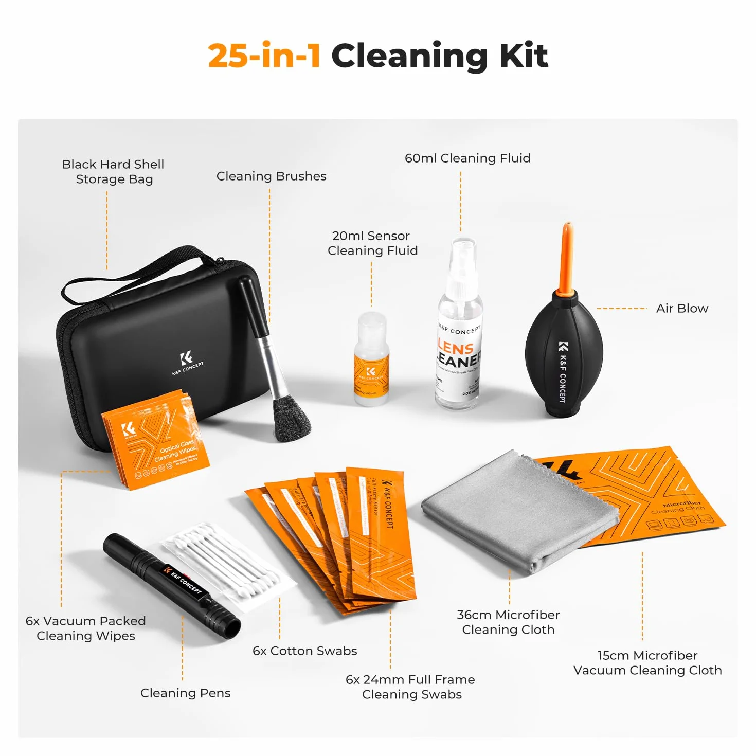 K&F CONCEPT 25-in-1 Kit Pulizia Fotografica con 24mm Bastoncini*6, 60+20ml Liquido, Custodia, Penna per Obiettivo, Pennello, Pompetta, 2 Panni, Cottonfioc per Pulizia Obiettivi DSLR, Filtri,Lenti