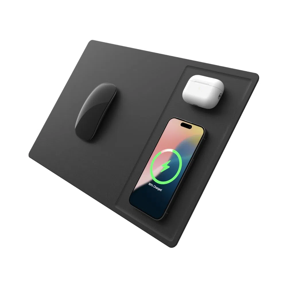 POUT Tappetino per mouse H3 PRO Dual Qi Wireless Charging - Doppio caricabatterie wireless veloce - per MacBook, laptop e scrivania - Ricarica iPhone, Airpods, Samsung Galaxy e altro (nero freddo)