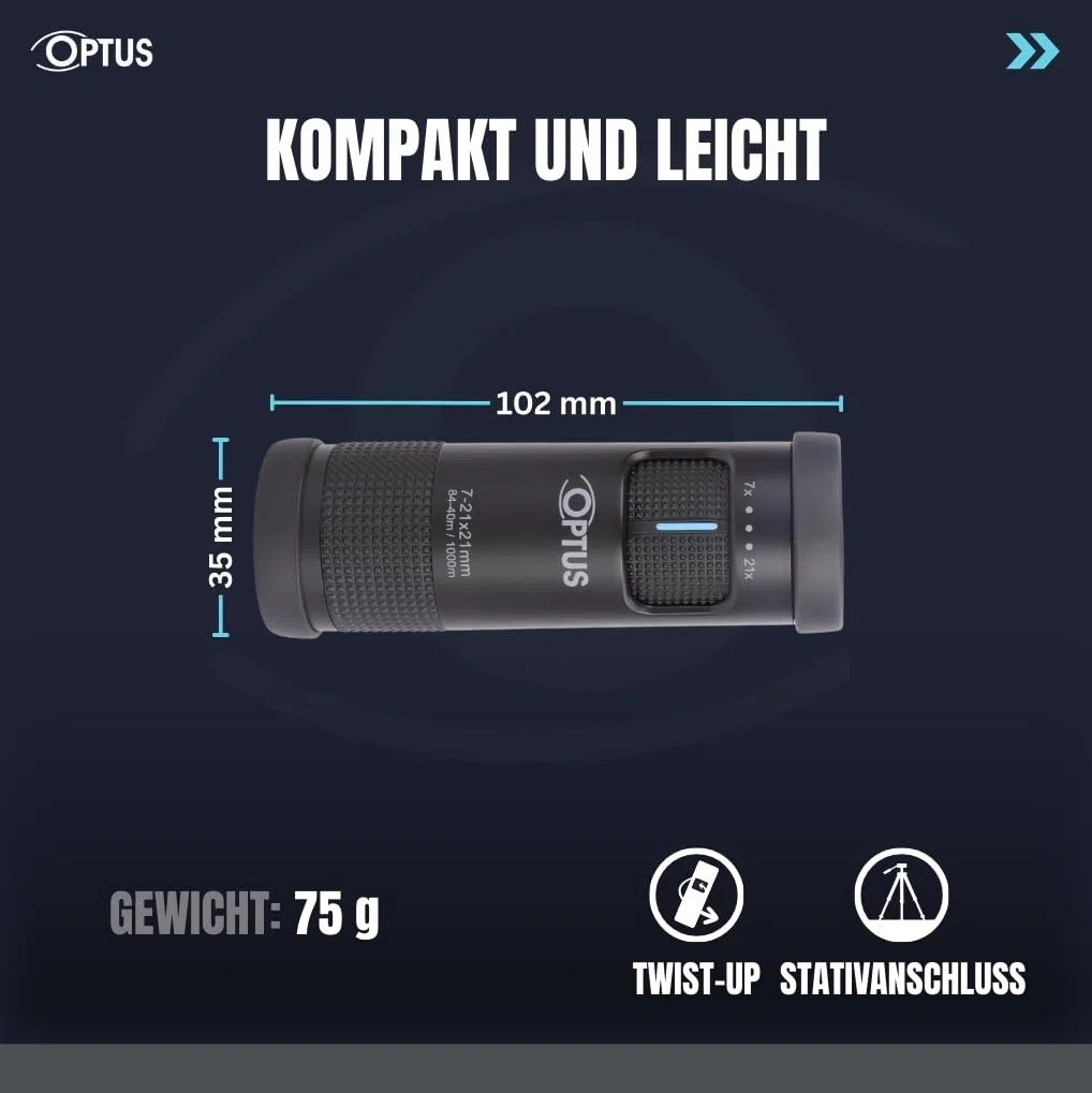 Optus Monocolo con Zoom 7-21x21 Compatto per Osservazione Natura e Viaggi, Adatto a Portatori di Occhiali, con Custodia e Attacco Treppiede
