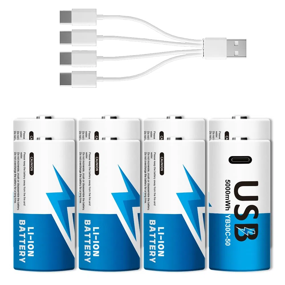 Confezione da 8 batterie ricaricabili al litio C con cavo di ricarica USB-C 4 in 1, batterie agli ioni di litio C Cell LR14, 1,5 V, 5000 mWh, per proiettori, telecomandi, radio, giocattoli