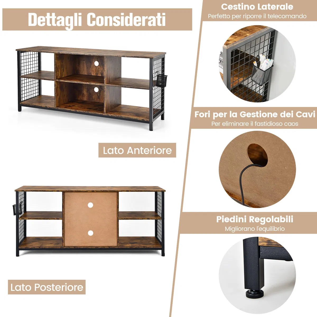 COSTWAY Mobile TV Industriale Fino a 65", Tavolo Multimediale a 3 Ripiani con Cesto Portaoggetti, Mobile TV in Legno con 2 Fori per La Gestione dei Cavi, 140 x 40 x 63 cm