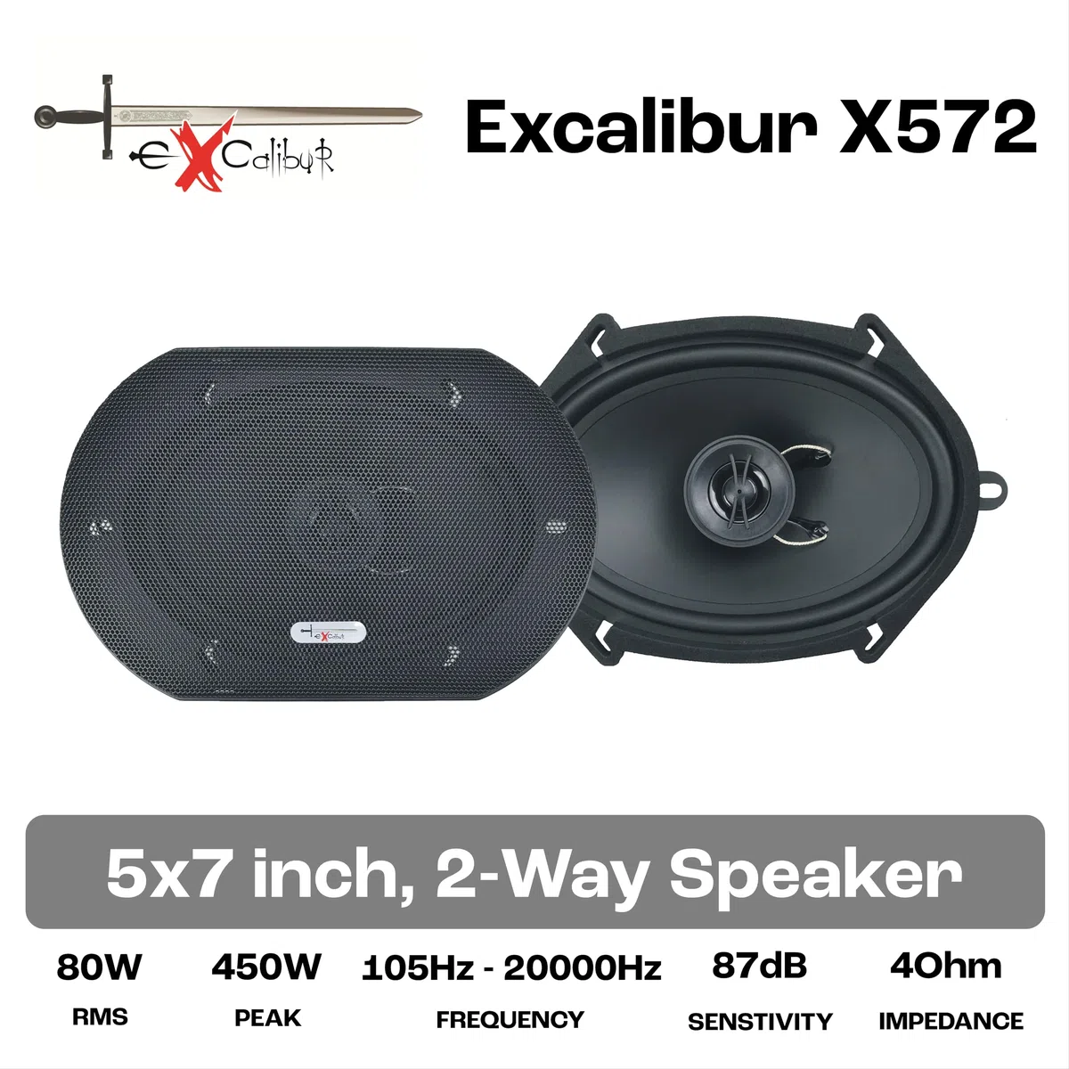 Excalibur X572 Coppia Altoparlanti Auto 2 Vie Coassiali 5x7 Pollici 450W Picco 80W RMS Frequenza 105Hz-20kHz Sensibilità 87dB Impedenza 4Ohm Kit Casse Ovali per Upgrade Sistema Audio Custom Veicoli