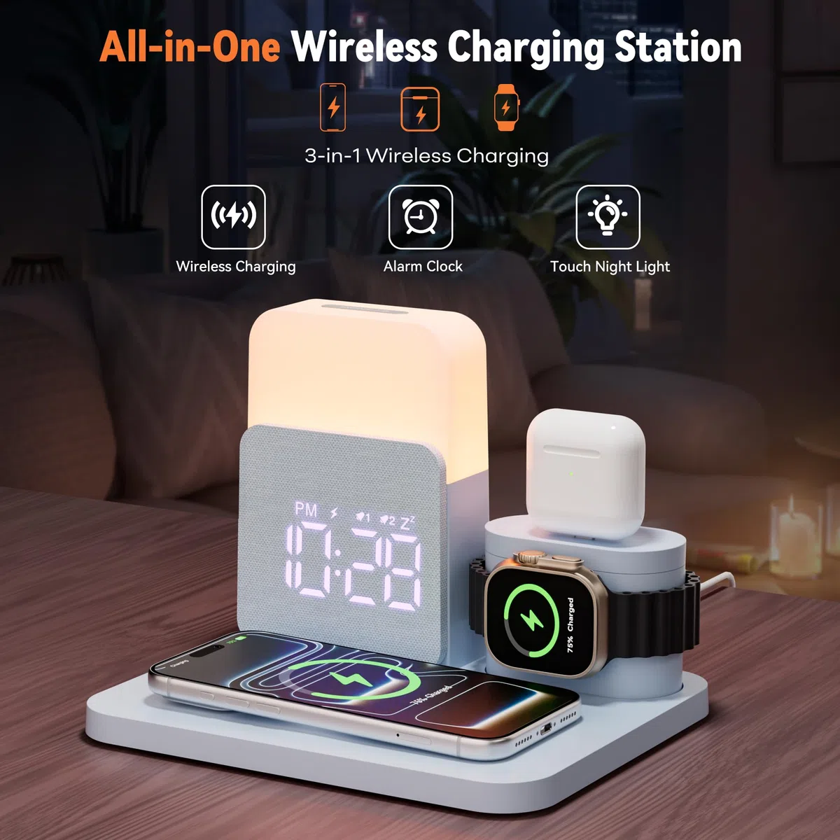 COLSUR Stazione di ricarica wireless 6 in 1, caricabatterie wireless magnetico da 25 W con sveglia, luce notturna, supporto caricabatterie wireless per iPhone 16 15 14 13 12 11 X Pro Max, Apple Watch