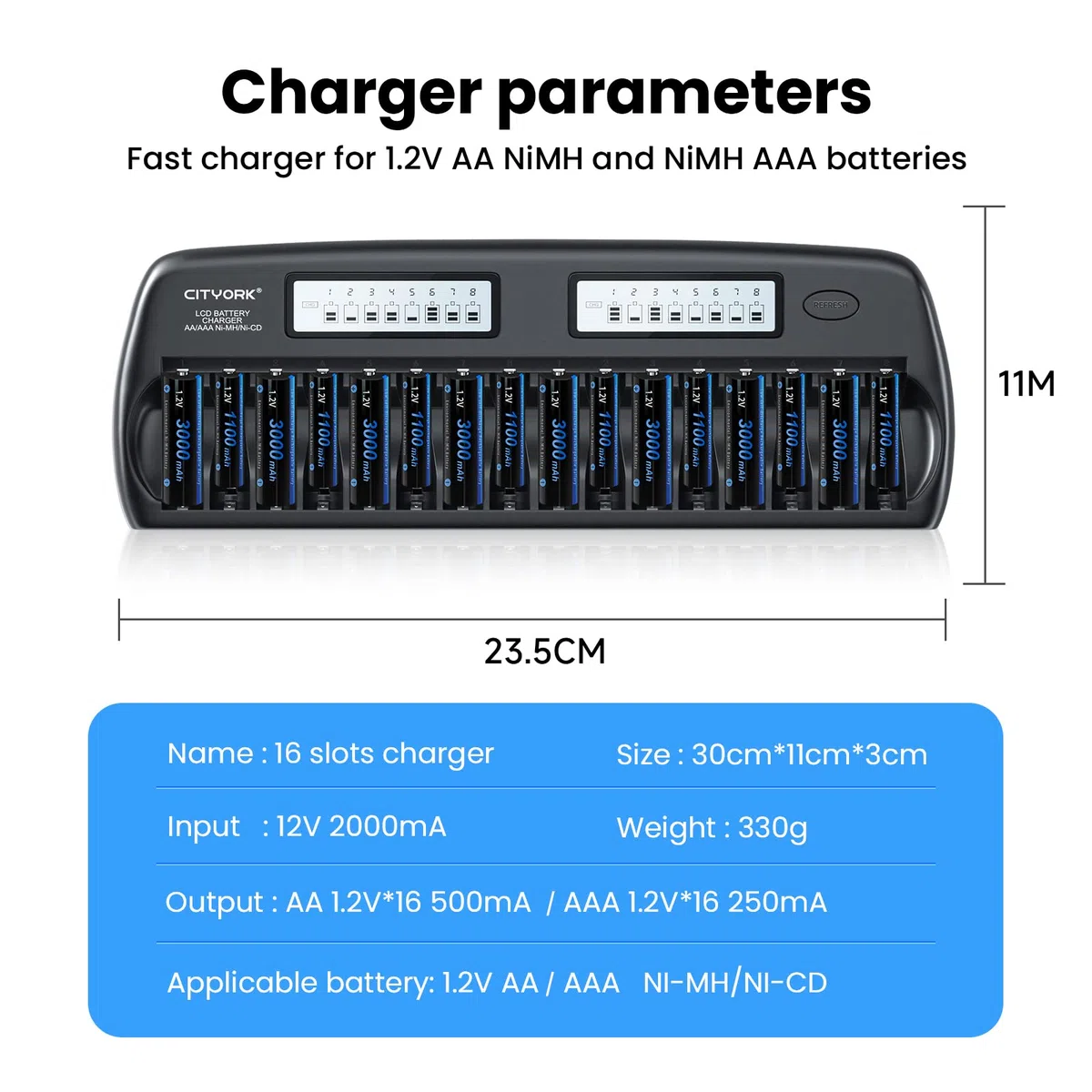 CITYORK Caricabatterie LCD AA AAA a 16 slot con 8 batterie AA da 3000 mAh + 8 batterie ricaricabili NI-MH da 1100 mAh, slot indipendente, funzione di ricarica rapida
