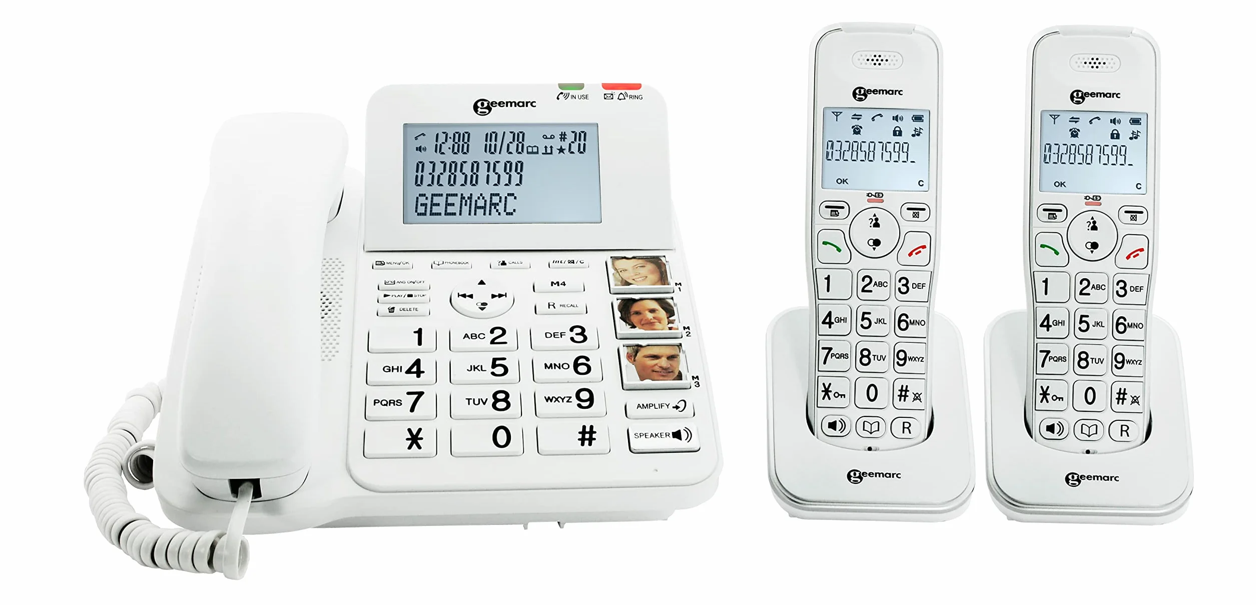 Geemarc Amplidect 295 Combi Duo - Telefono Fisso Amplificato e Relativi Portatili Aggiuntivi con Segreteria Telefonica, Squillo Forte e Tasti Grandi per Anziani - Ipoacusia Media o Bassa - Versione IT