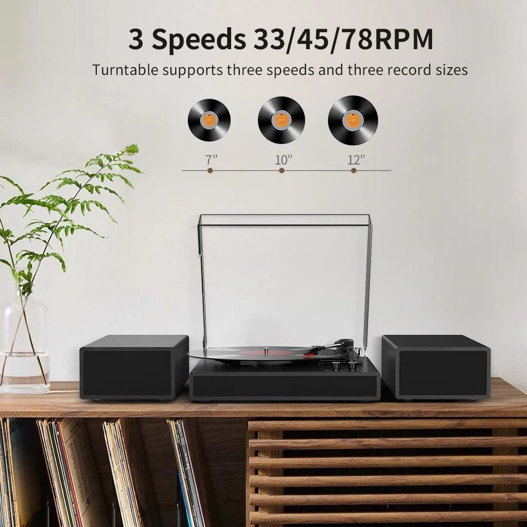 Giradischi vintage con doppio altoparlante stereo esterno, supporto per la riproduzione wireless Bluetooth, supporto per la riproduzione a 3 velocità, 33 1/3, 45, 78 giri/min, per vinile con uscita