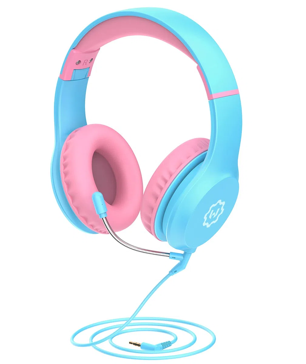Cuffie per bambini, limitatore di volume 85/94 dB, cuffie sovrauricolari per ragazze e ragazzi, pieghevoli, con cavo, per iPad/tablet/viaggi, colore azzurro e rosa (nuovo microfono a collo