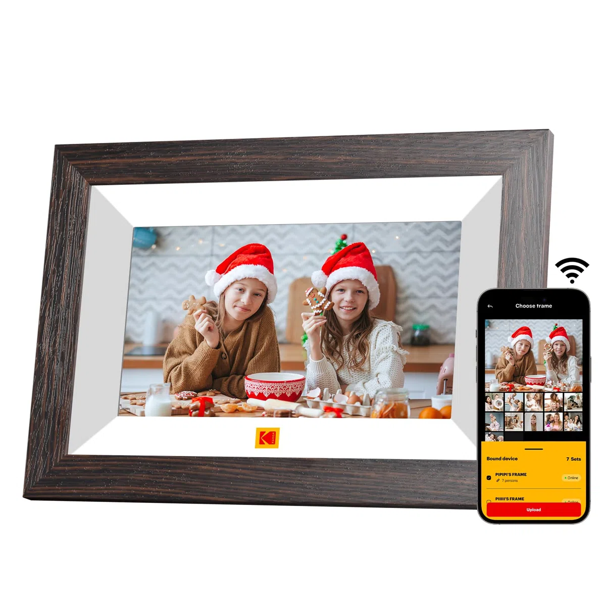 KODAK Cornice Digitale WiFi Cornice Foto Digitale, 7 Pollici HD IPS Touchscreen, Legno Cornici Elettronica con 32GB di Memoria, Portafoto Digitale Condivisione di Foto/Video via APP o Cavo di USB C