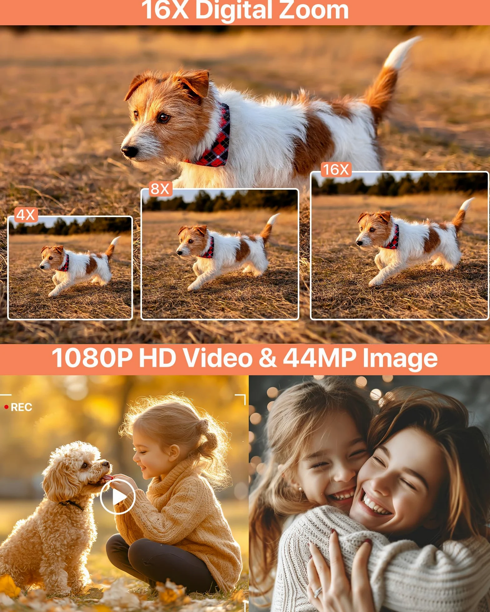 Macchina Fotocamera Digitale 1080P Fotocamera 44MP Fotocamera Digitale Compatta con Zoom Digitale 16X, Schermo LCD da 2,4", Scheda di Memoria da 32G, 1 Batteria per Bambini, Adolescenti, Principianti