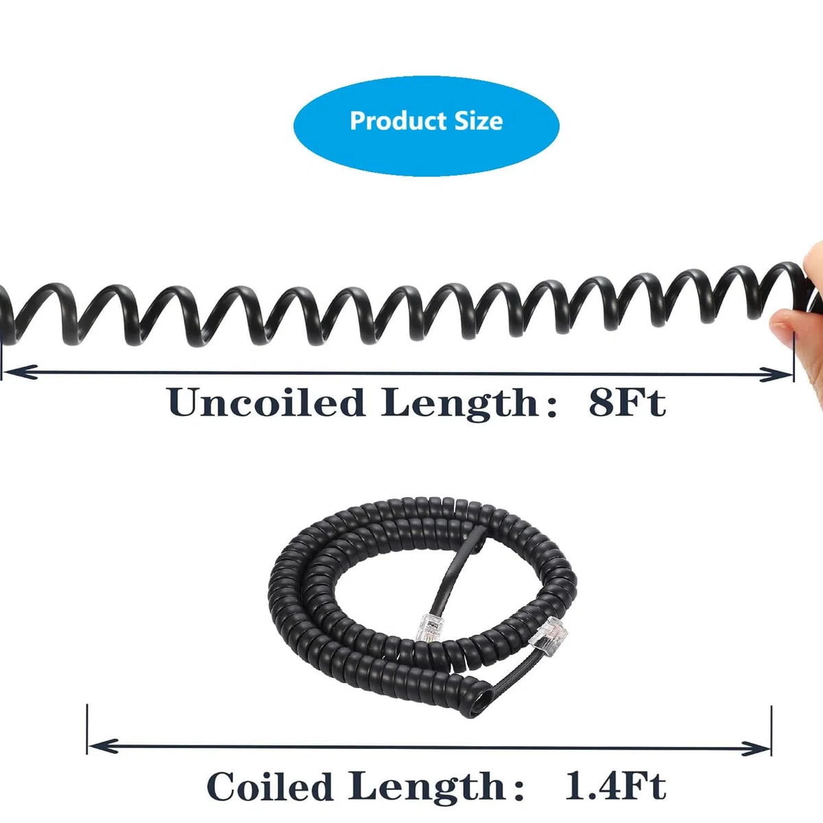 Cavo telefonico fisso 2,4 m non arrotolato / 1,4 m a spirale, confezione da 10, cavo standard RJ9 4P4C, nero, per lavorare in ufficio o a casa
