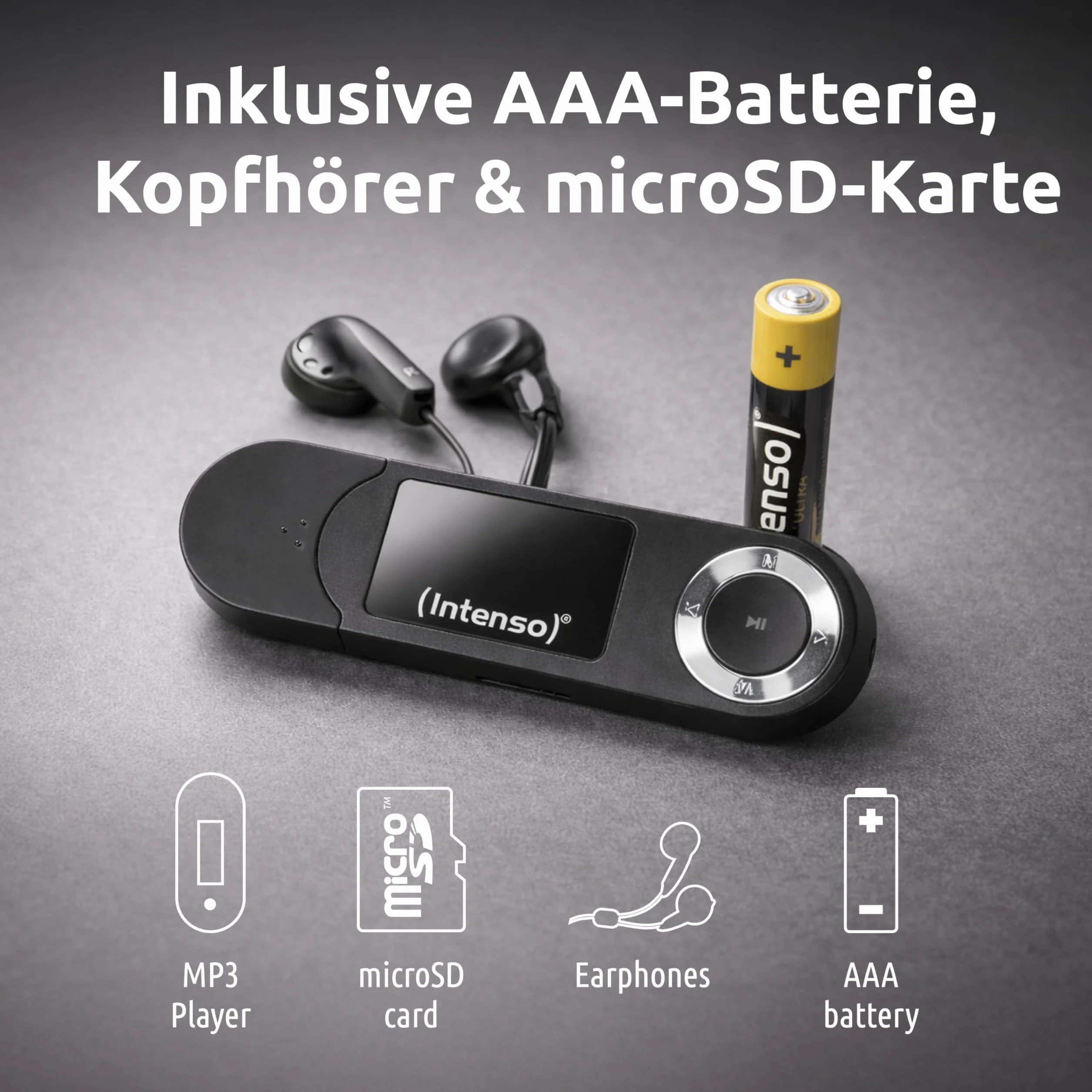 Intenso Music Walker MP3 Player 64 GB con display LCD, scheda microSD, USB 2.0, batteria AAA, cuffie, nero