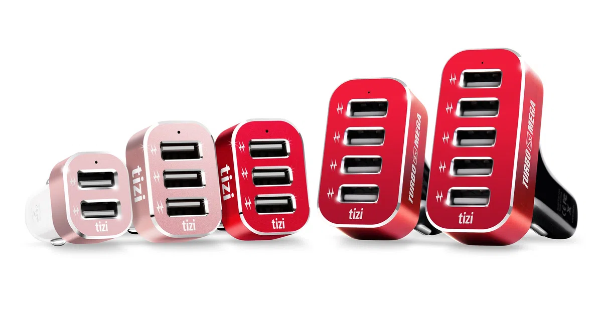 tizi Turbolader 3X Mega (7,2A, Monza Rot Edition) - Caricatore Auto USB a 3 Porte con Testa in Alluminio di Alta qualità