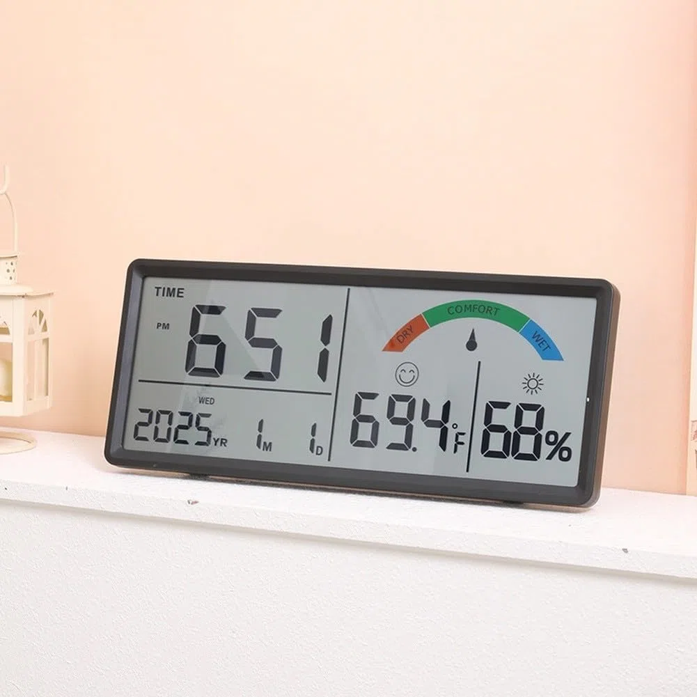 Grande orologio da parete digitale LCD con display a temperatura e umidità, calendario sveglia e formato 24 ore, moderno orologio da scrivania rettangolare elettronico per soggiorno