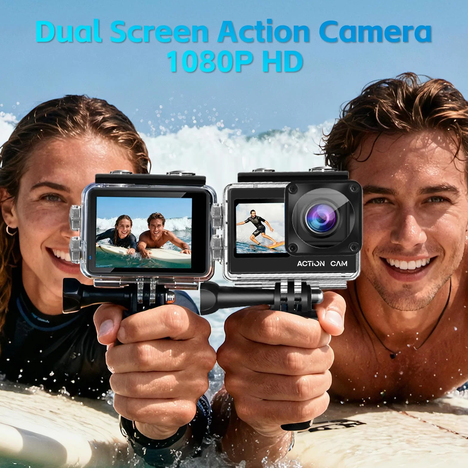 Dual Screen Action Cam FHD 1080P, fotocamera subacquea impermeabile fino a 40 m, action camera con 2 batterie ricaricabili da 1050 mAh e set di accessori