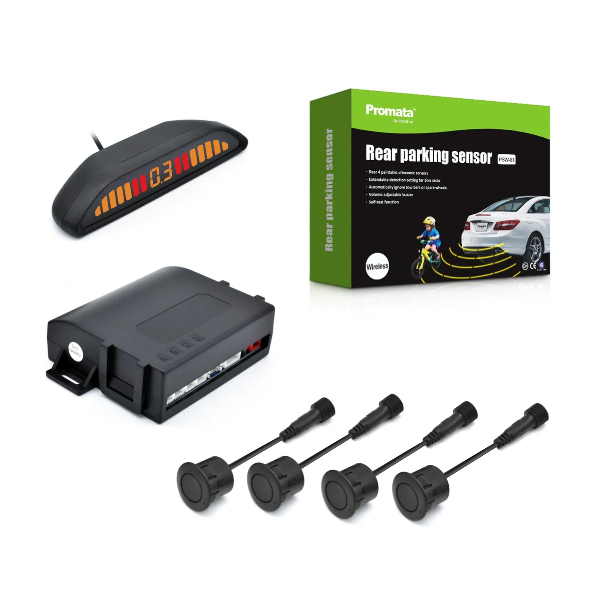 Promata PSW-81 - Sistema radar di retromarcia da 12 V 24 V, kit di parcheggio wireless con 4 sensori da 58 Hz per auto, camion, rimorchio, display capovolto con volume di allarme regolabile